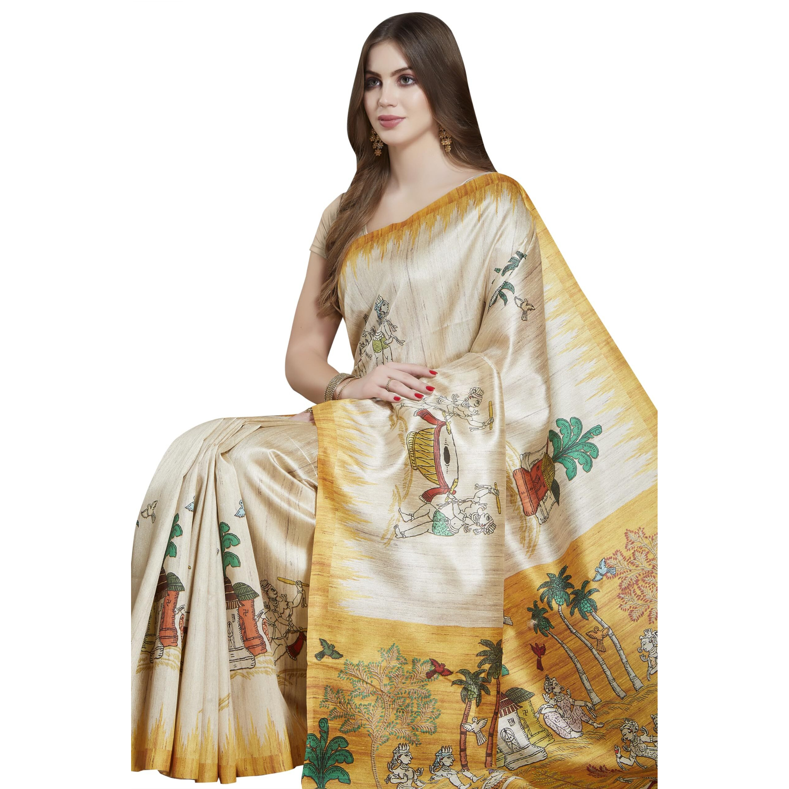 RANI SAAHIBA Womens Printed Art Tussar Silk Madhubani Saree With Blouse Piece (SKR11607_Beige-Yellow)