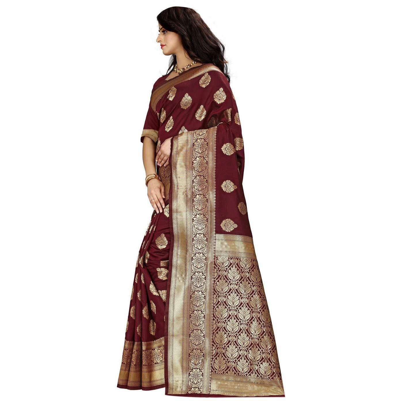 Sugathari Womens Banarasi Saree Pure Kanjivaram Silk Saree Soft new ladies 2023 Design Wear Pattu Sarees Latest Cotton Party Sari collections With Blouse Piece for Wedding sadi (PARI 6 MAROON)
