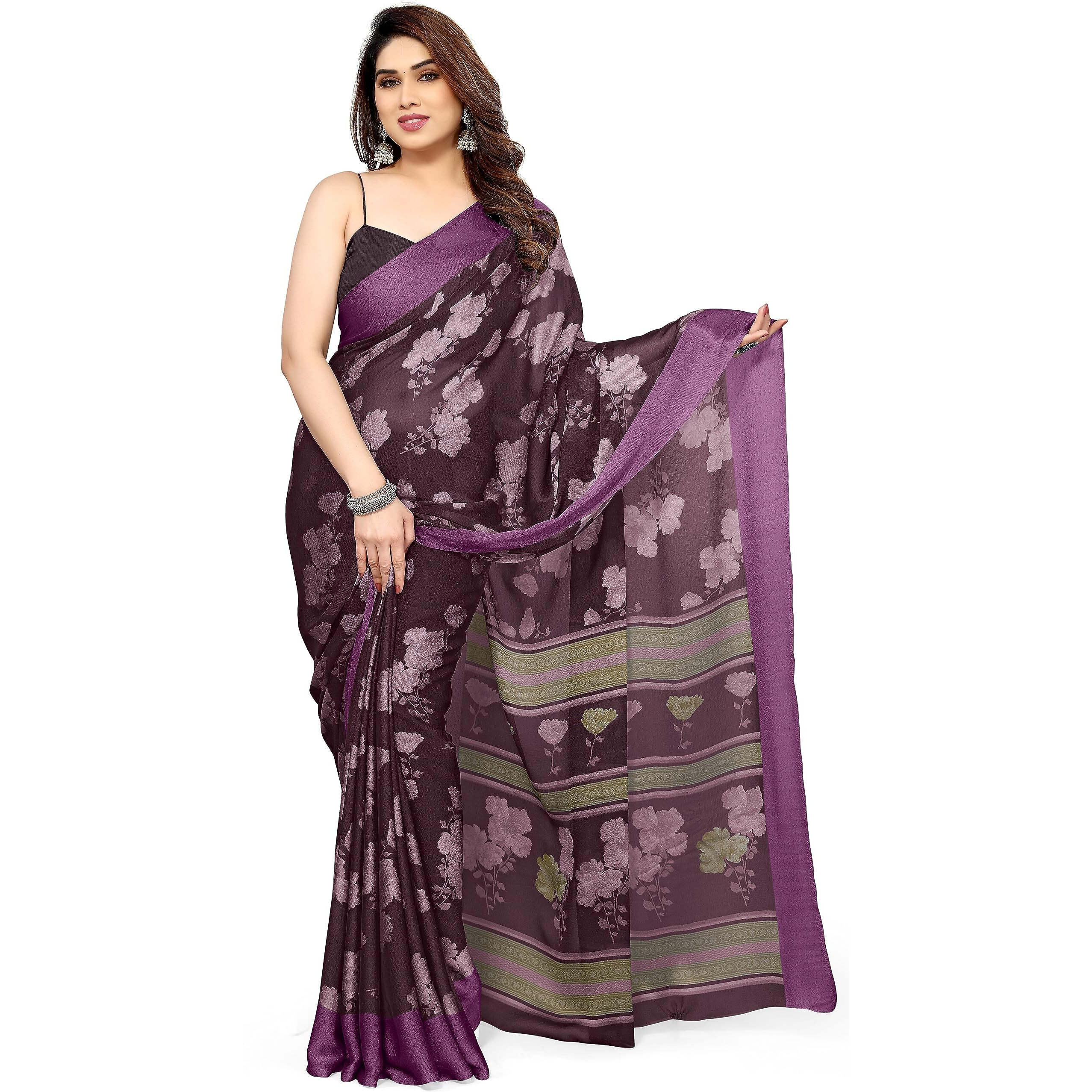 MIRCHI FASHION Womens Plain Weave Chiffon Floral Printed Saree with Blouse Piece (39133-Wine, Light Pink)