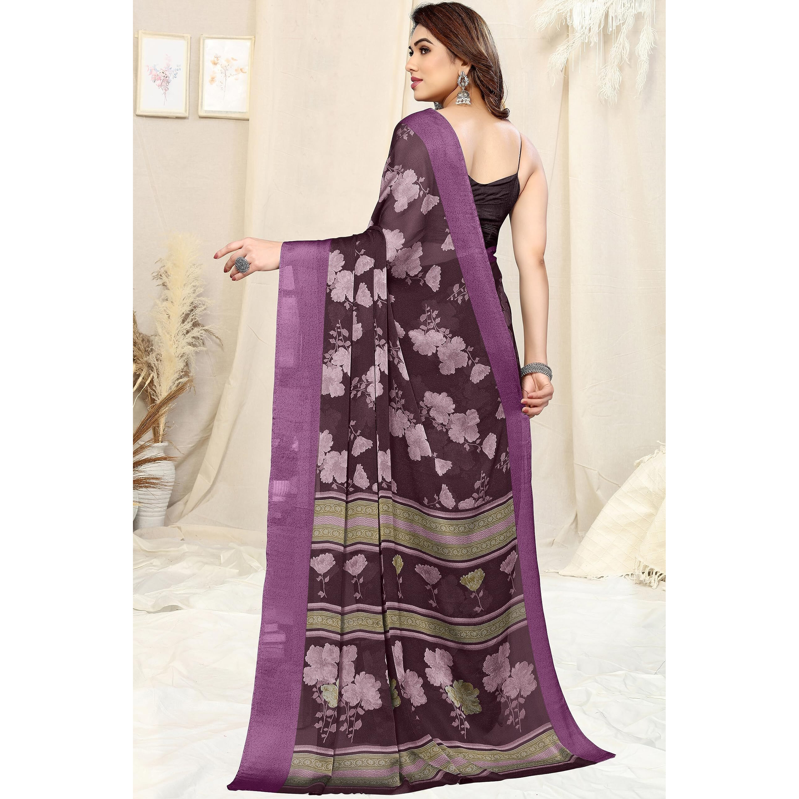 MIRCHI FASHION Womens Plain Weave Chiffon Floral Printed Saree with Blouse Piece (39133-Wine, Light Pink)