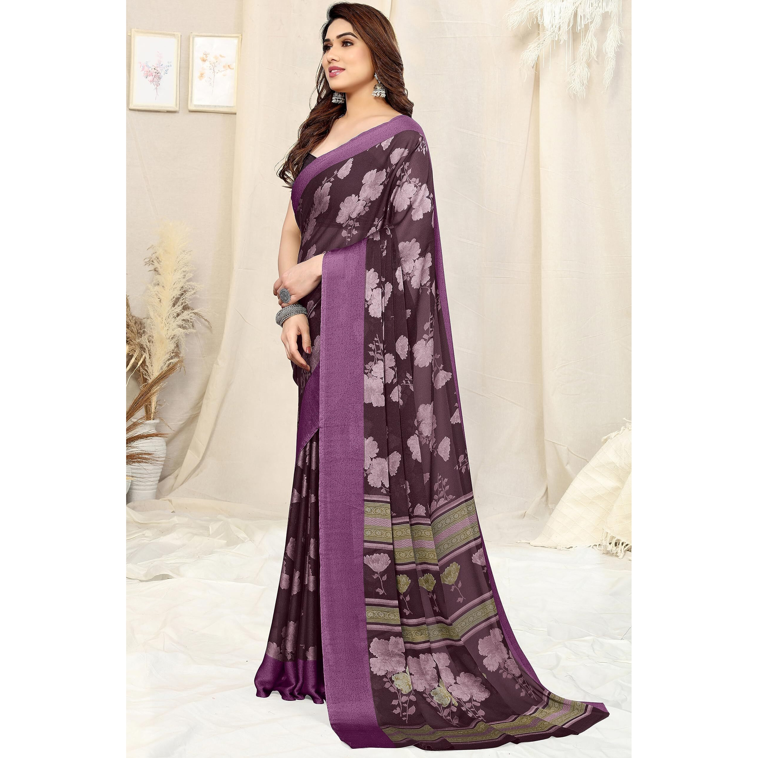 MIRCHI FASHION Womens Plain Weave Chiffon Floral Printed Saree with Blouse Piece (39133-Wine, Light Pink)