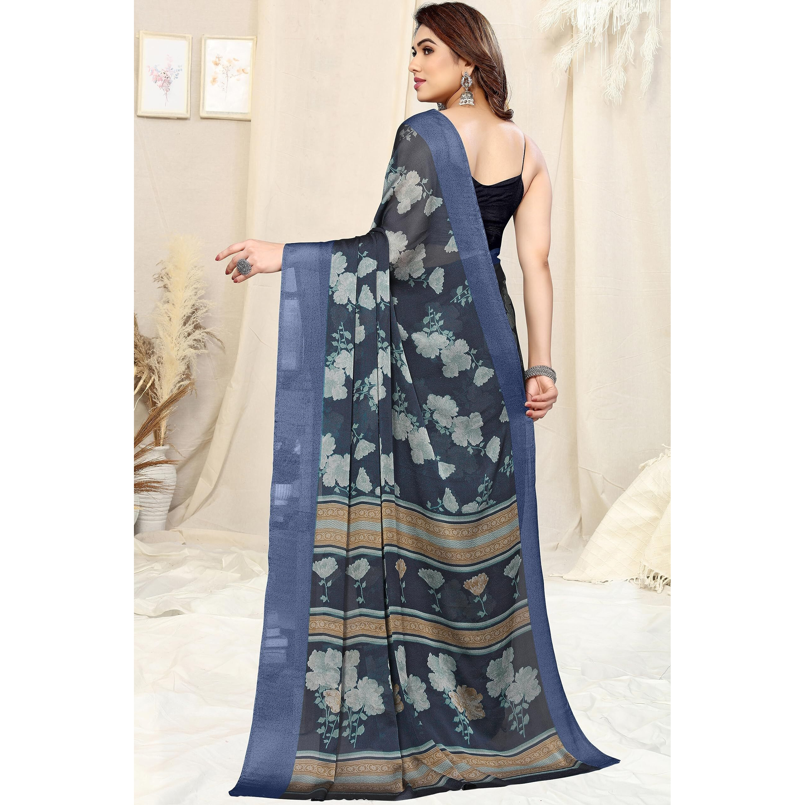 MIRCHI FASHION Womens Plain Weave Chiffon Floral Printed Saree with Blouse Piece (39132-Navy Blue, Grey)