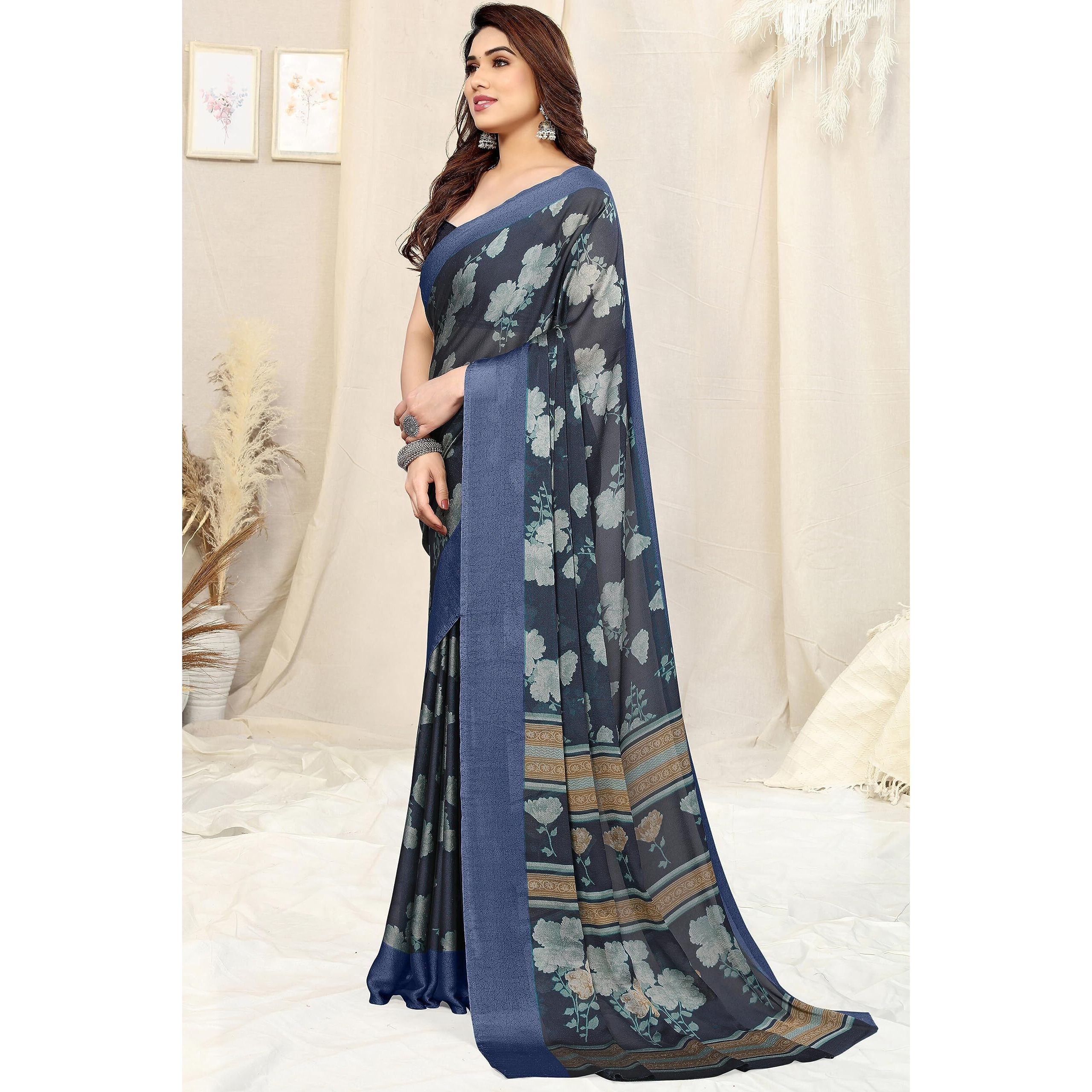 MIRCHI FASHION Womens Plain Weave Chiffon Floral Printed Saree with Blouse Piece (39132-Navy Blue, Grey)