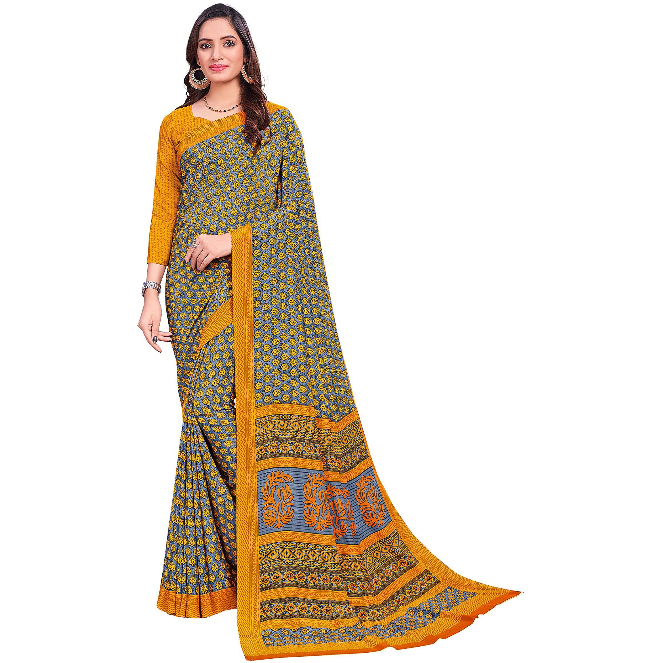 Vimla Womens Yellow Crepe Silk Uniform Saree with Blouse (Yellow_ 1208)