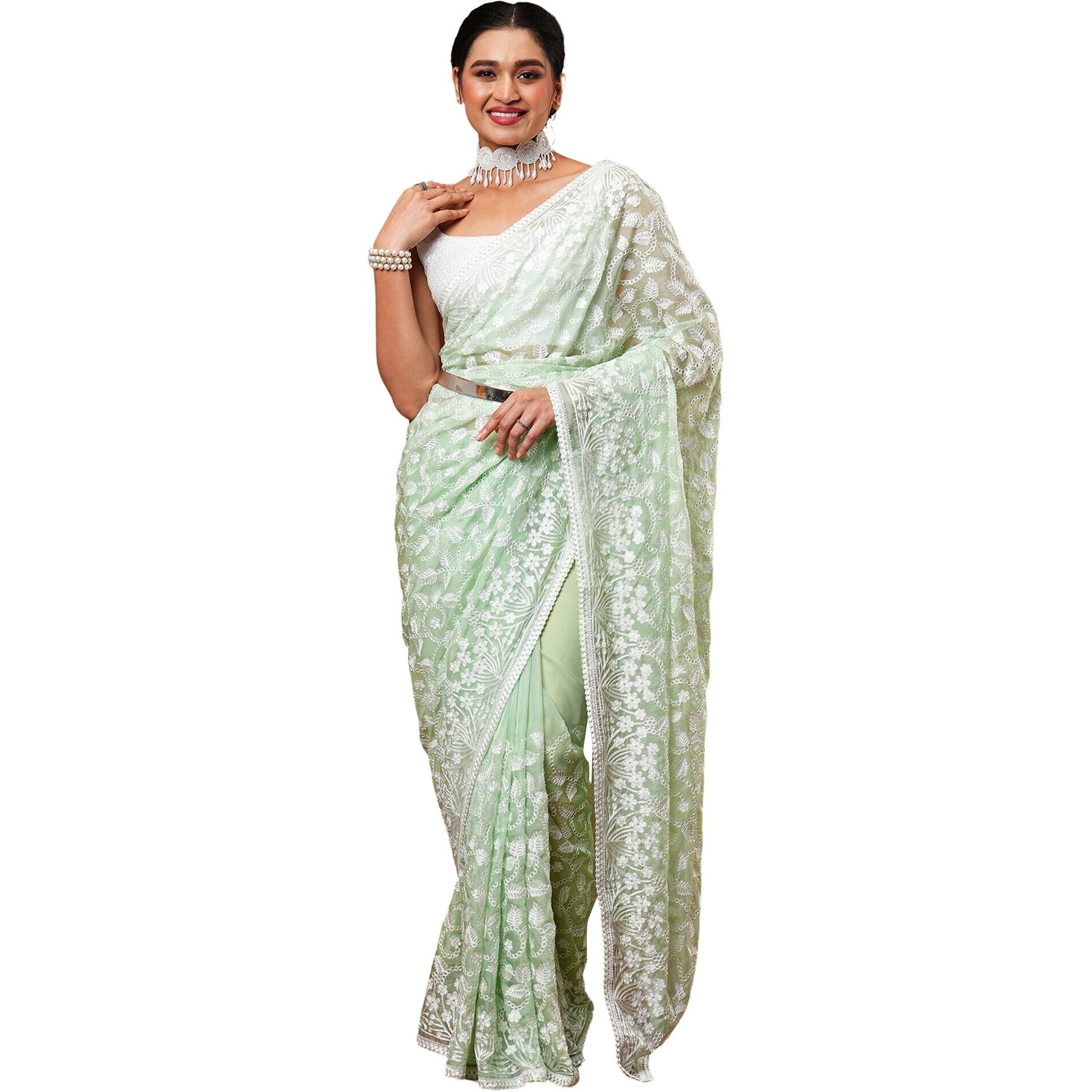AKHILAM Womens Botanical Embroidered Designer Organza Saree With Unstitched Blouse Piece (Sea Green_7KAVI705)