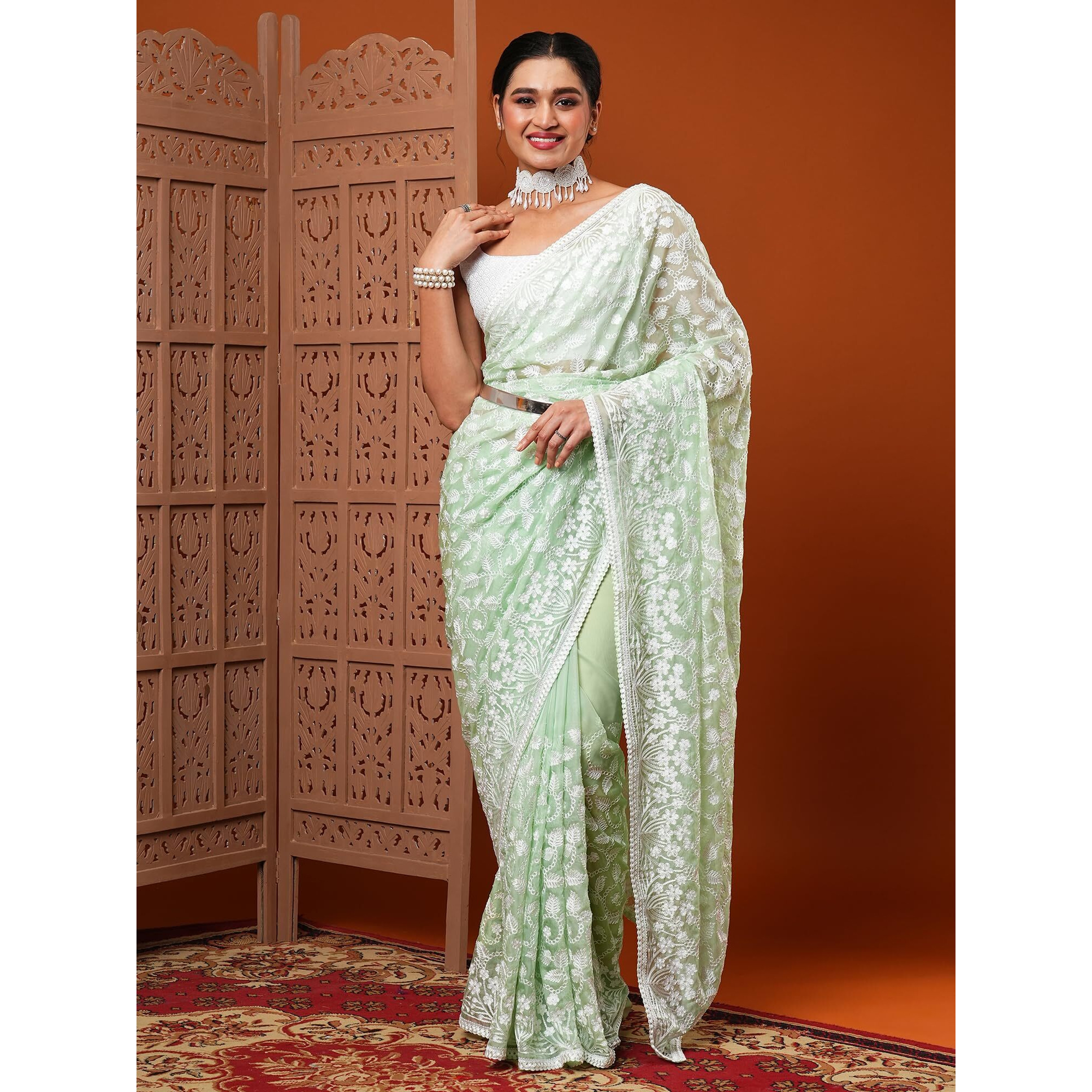 AKHILAM Womens Botanical Embroidered Designer Organza Saree With Unstitched Blouse Piece (Sea Green_7KAVI705)
