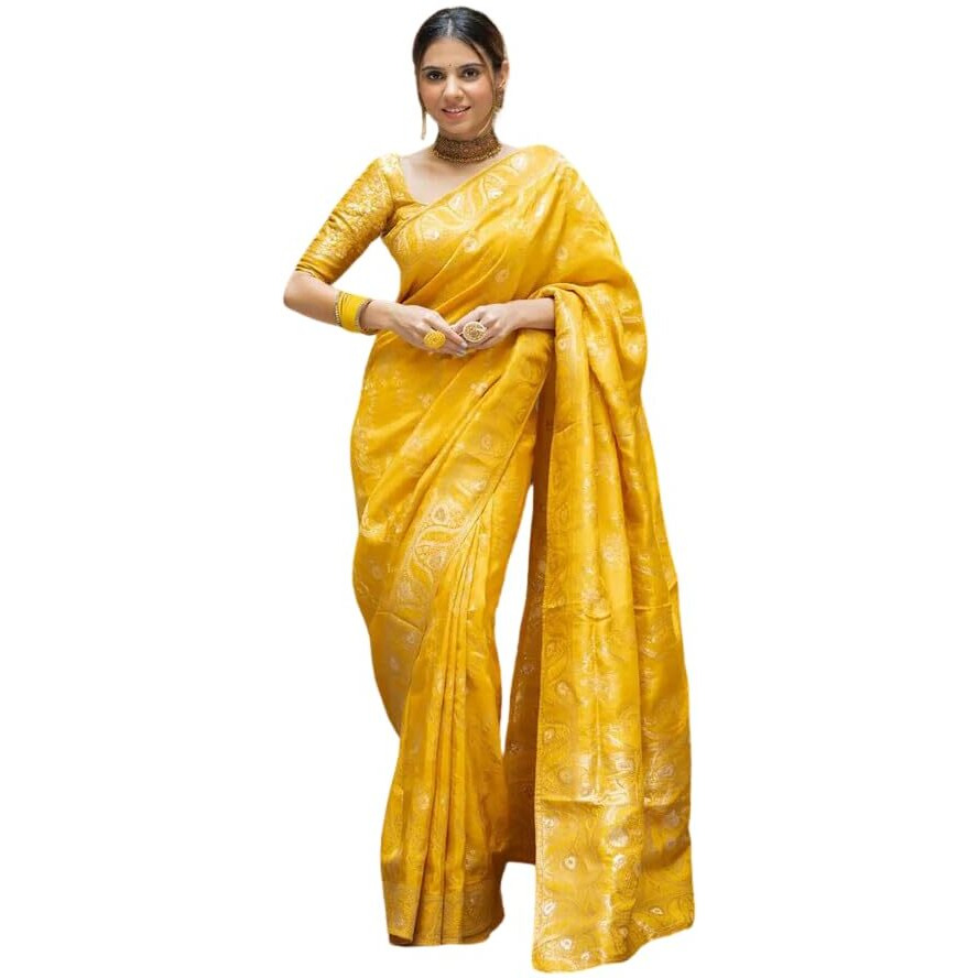 Leriya Fashion Womens Pure Jacquard Banarasi Kanjivarm Cotton Silk Saree with Blouse Piece | Saree Printed (Yellow)