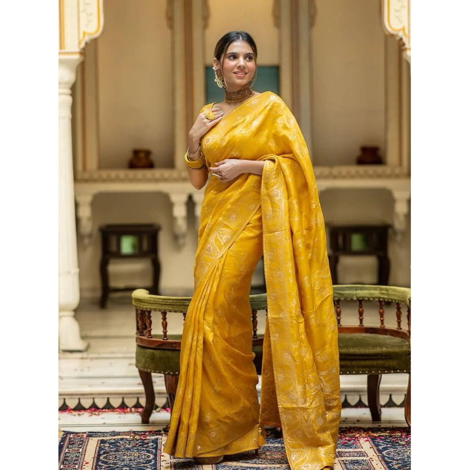 Leriya Fashion Womens Pure Jacquard Banarasi Kanjivarm Cotton Silk Saree with Blouse Piece | Saree Printed (Yellow)