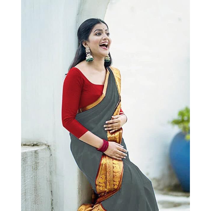 Jaanvi fashion Womens Narayan Peth Silk Saree With Gold-Toned Zari Work & Unstitched Blouse Piece (harshika-grey)