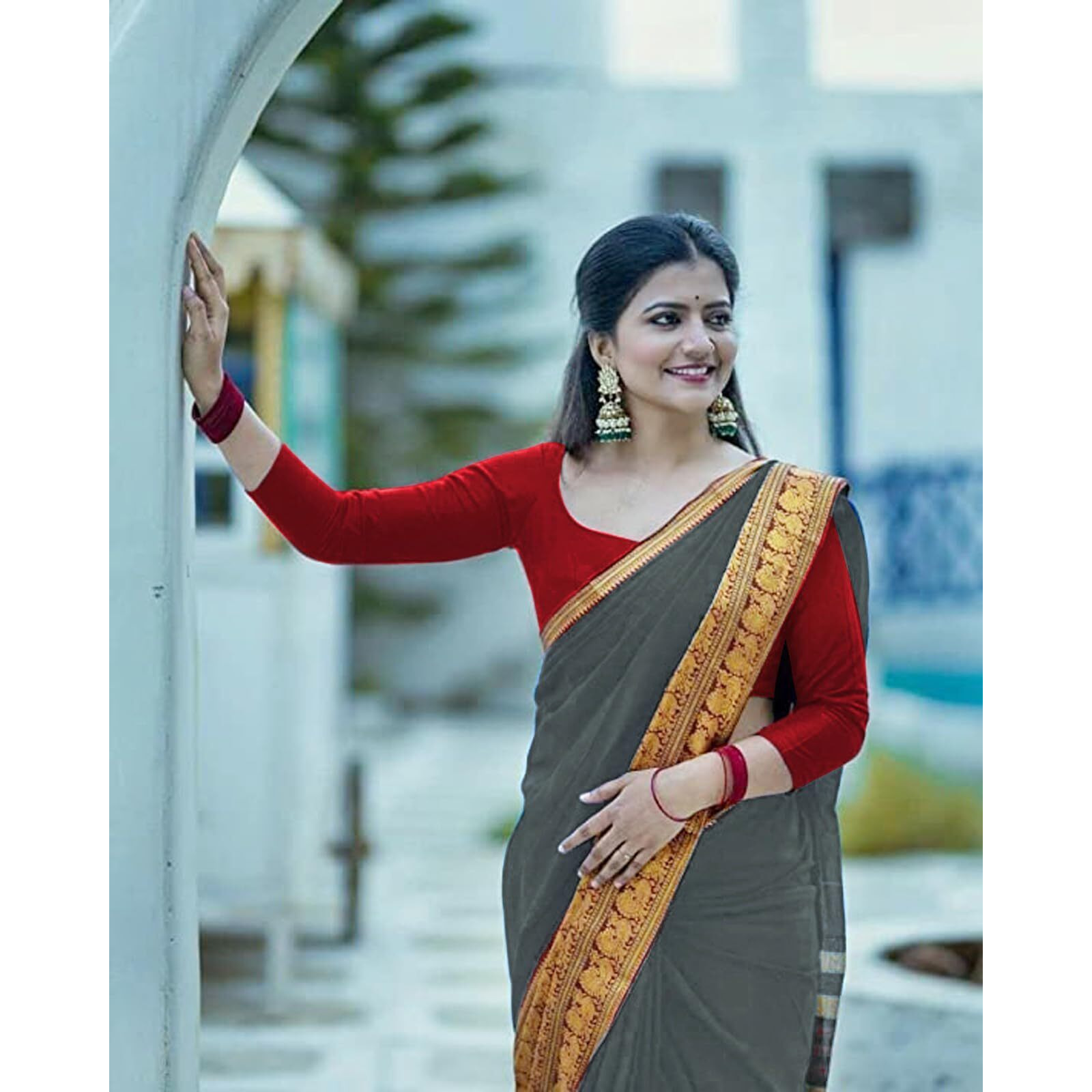 Jaanvi fashion Womens Narayan Peth Silk Saree With Gold-Toned Zari Work & Unstitched Blouse Piece (harshika-grey)