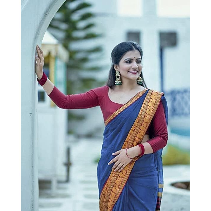 Jaanvi fashion Womens Narayan Peth Cotton Silk Saree With Gold-Toned Zari Work & Unstitched Blouse Piece (harshika-royal-blue)