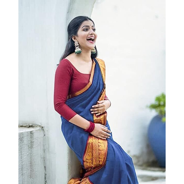 Jaanvi fashion Womens Narayan Peth Cotton Silk Saree With Gold-Toned Zari Work & Unstitched Blouse Piece (harshika-royal-blue)
