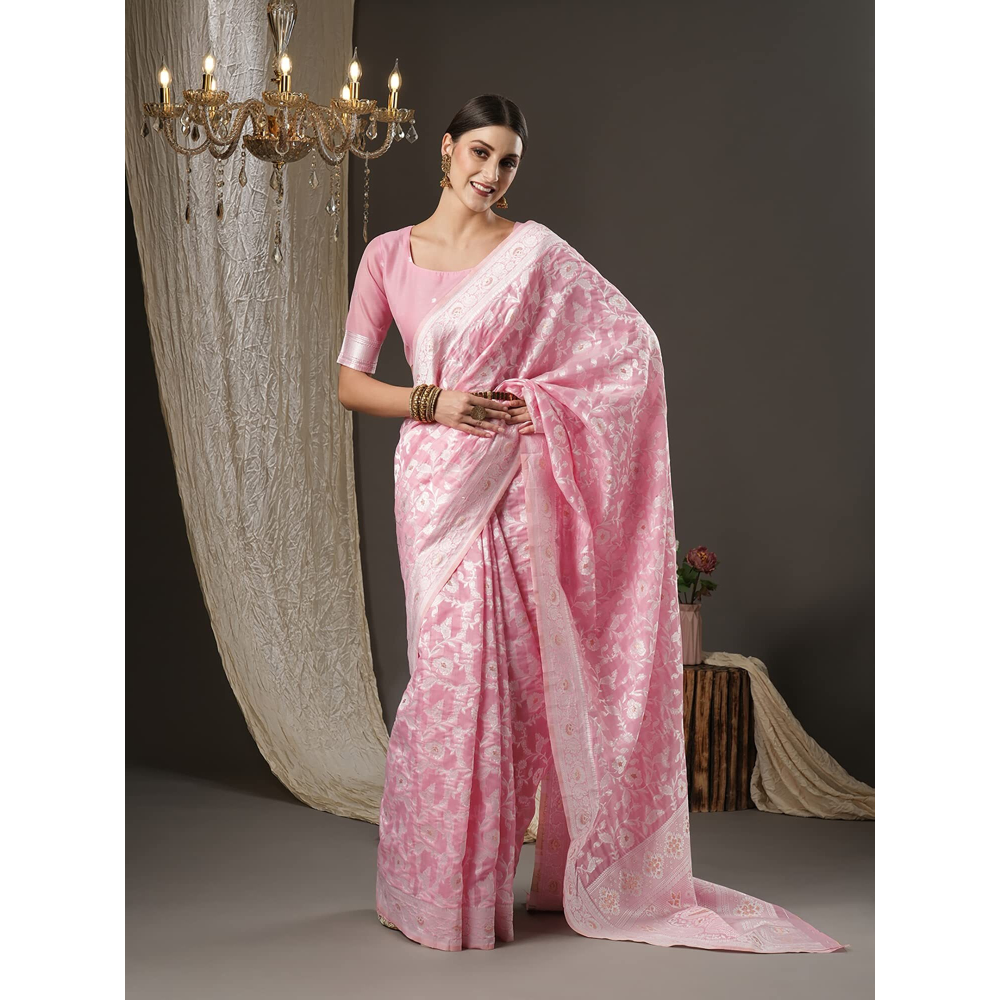 AKHILAM Womens Banarasi Artificial Silk Saree With Unstitched Blouse Piece (Pink_ZOYA6001)