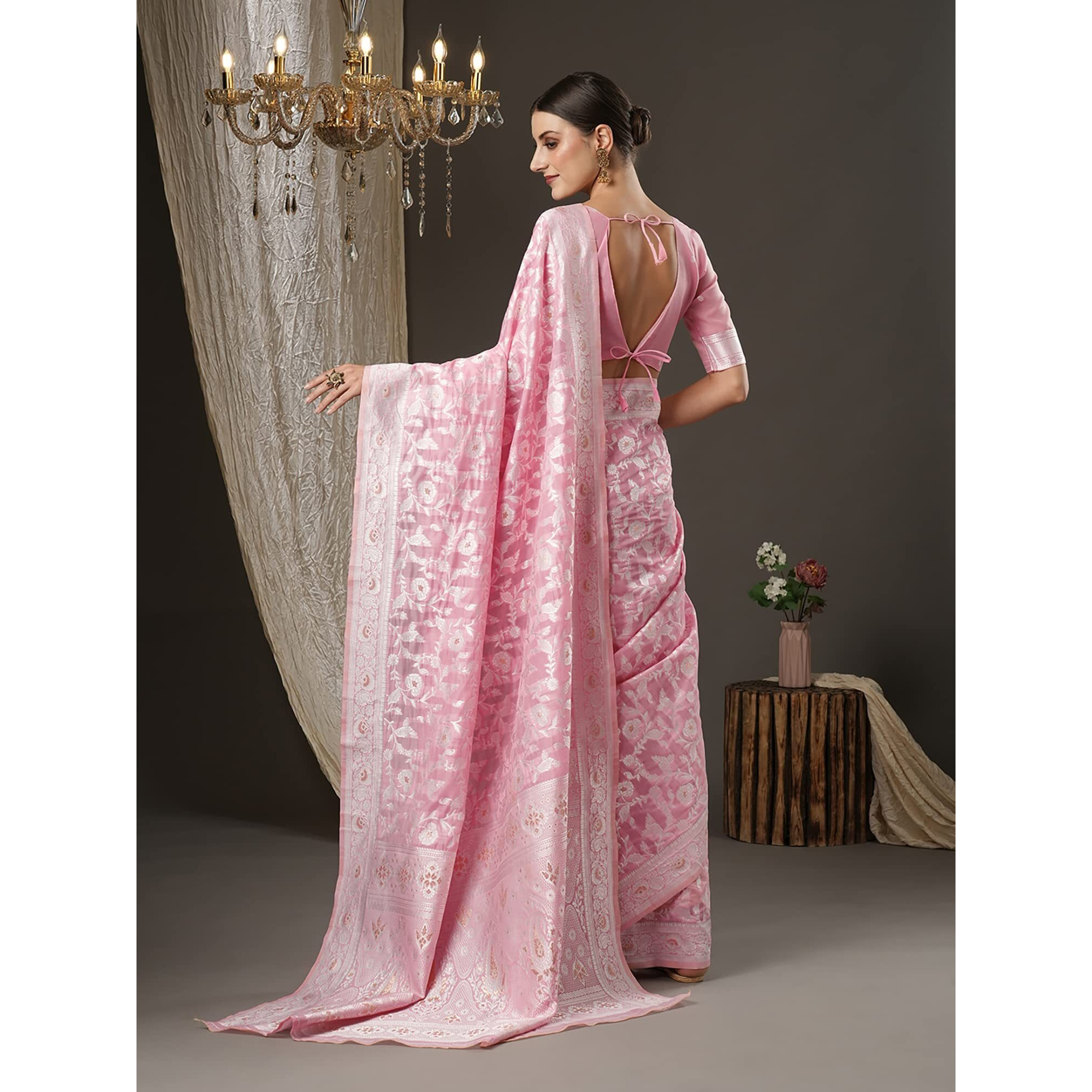 AKHILAM Womens Banarasi Artificial Silk Saree With Unstitched Blouse Piece (Pink_ZOYA6001)