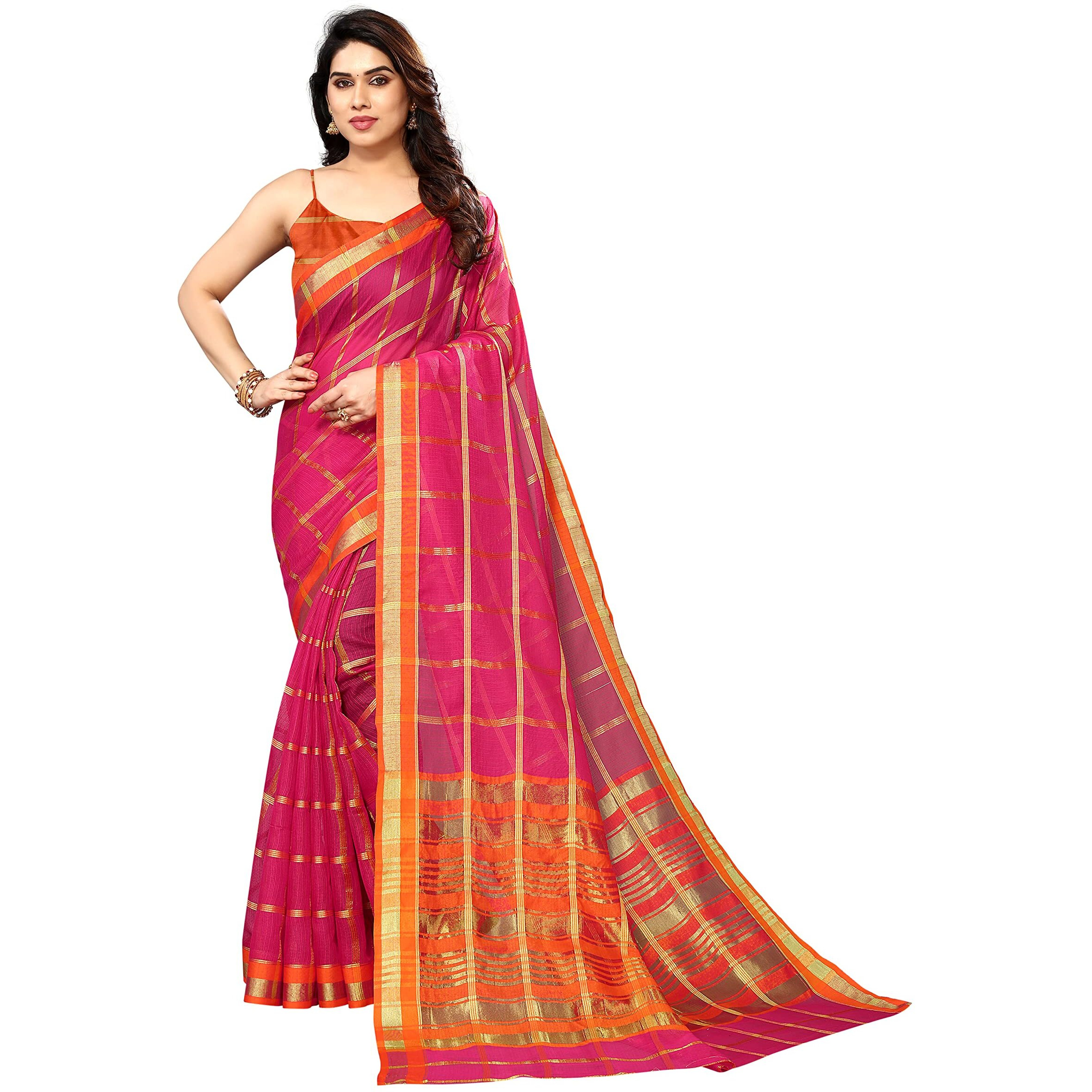 Sidhidata Womens Kota Doria Cotton Checks Saree With Unstitched Blouse Piece (Selfiee Rani_Rani_Free Size)