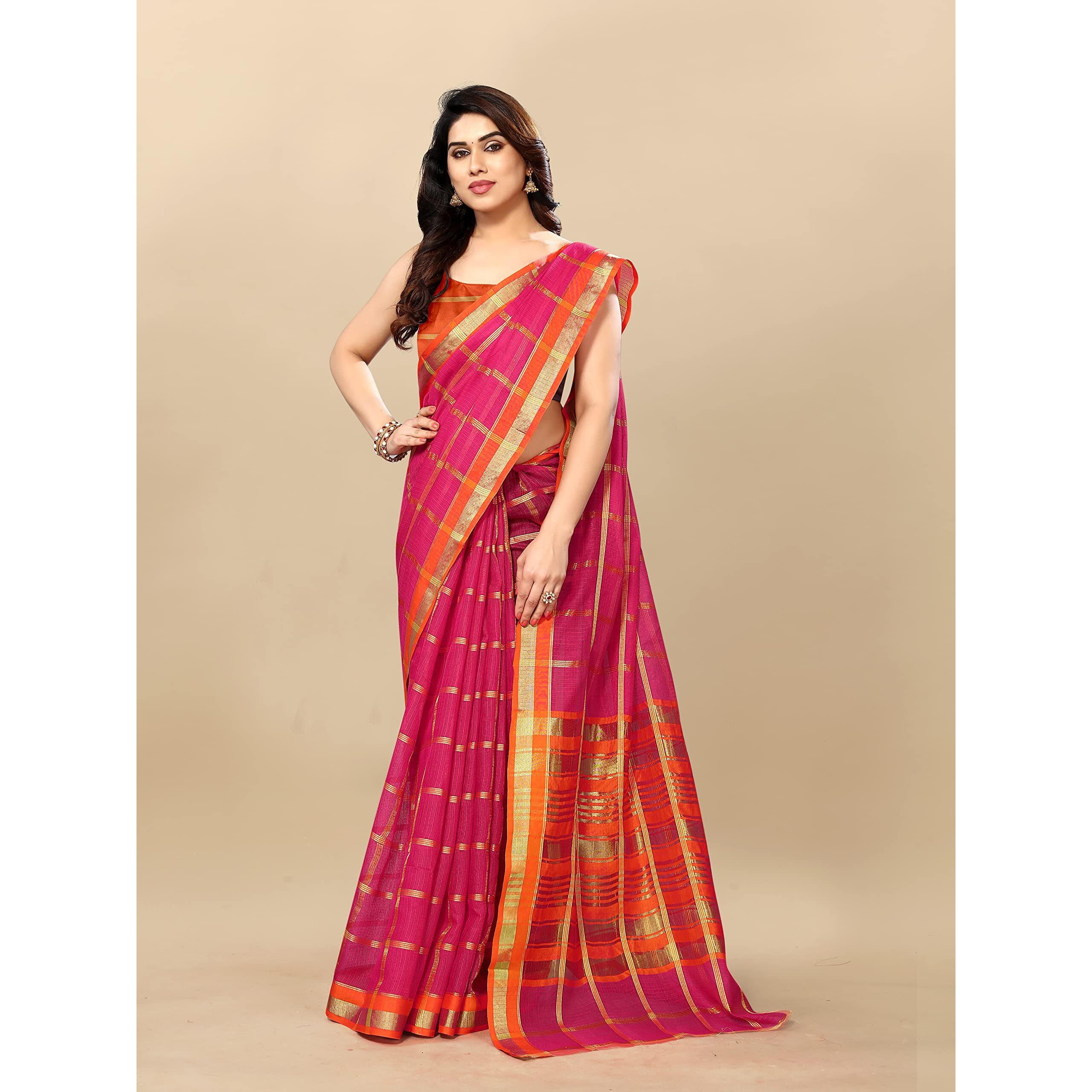 Sidhidata Womens Kota Doria Cotton Checks Saree With Unstitched Blouse Piece (Selfiee Rani_Rani_Free Size)