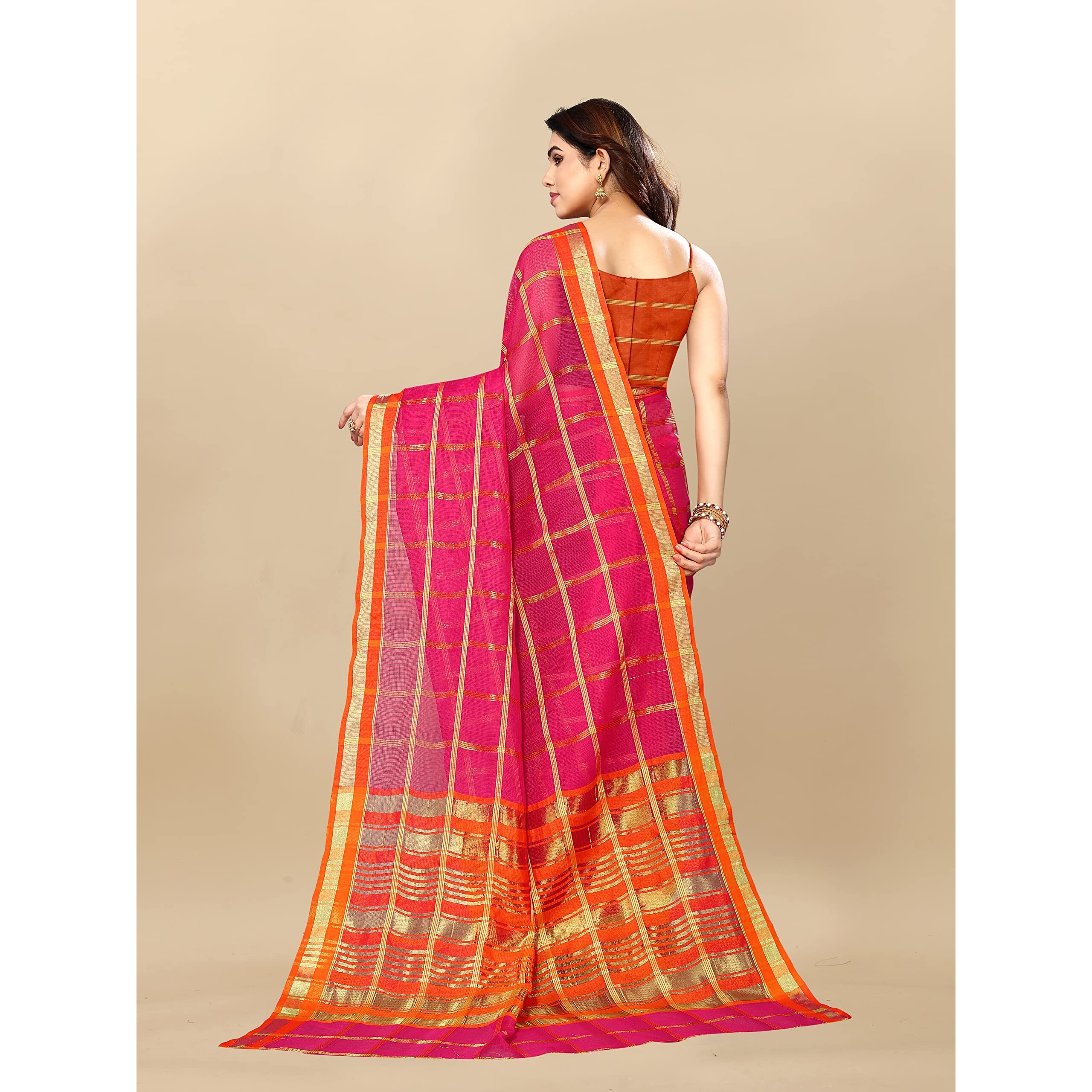 Sidhidata Womens Kota Doria Cotton Checks Saree With Unstitched Blouse Piece (Selfiee Rani_Rani_Free Size)