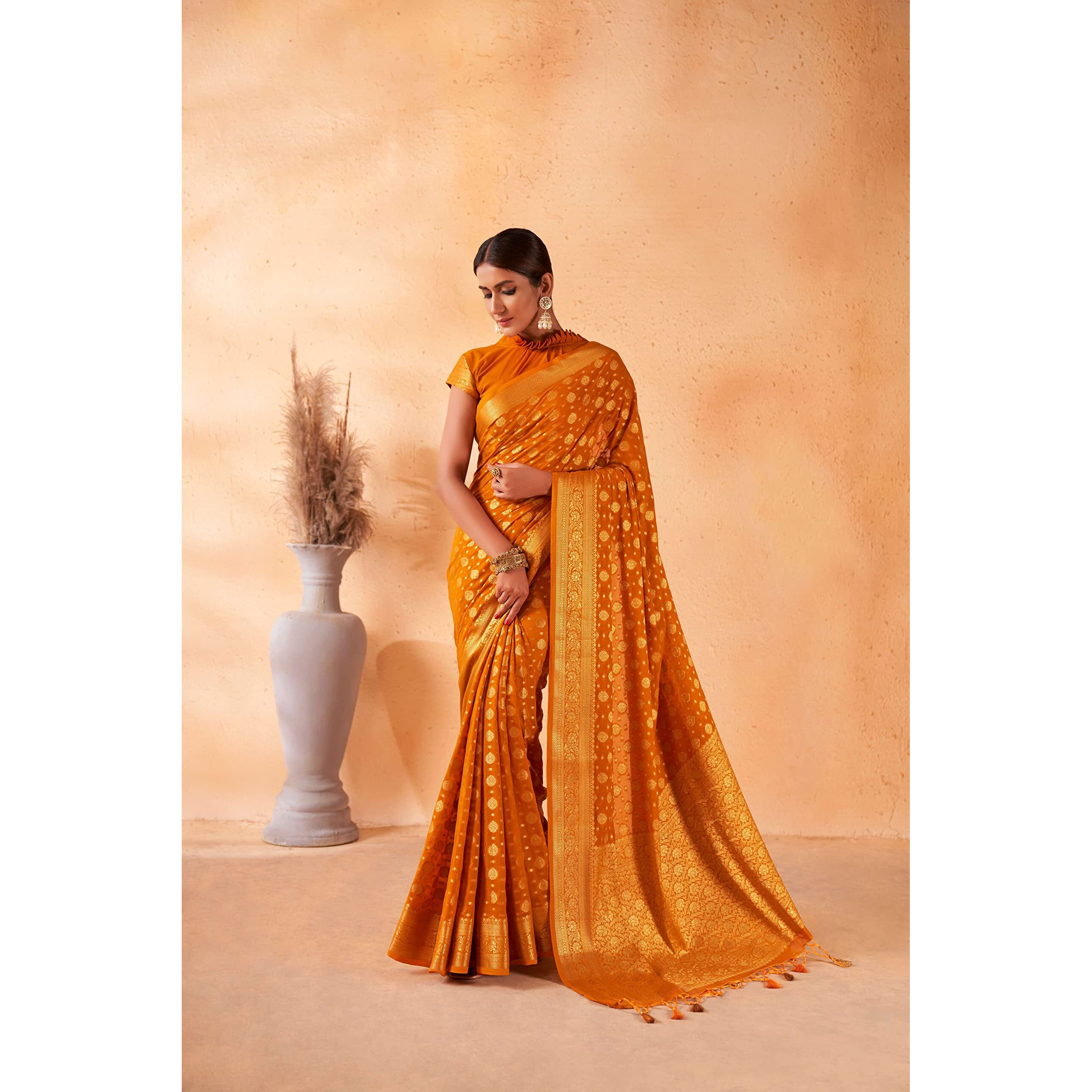 Vardha Womens Banarasi Georgette Silk Saree with Unstitched Blouse Piece - Gold Zari Woven Work Sarees for Wedding (Navya_594)