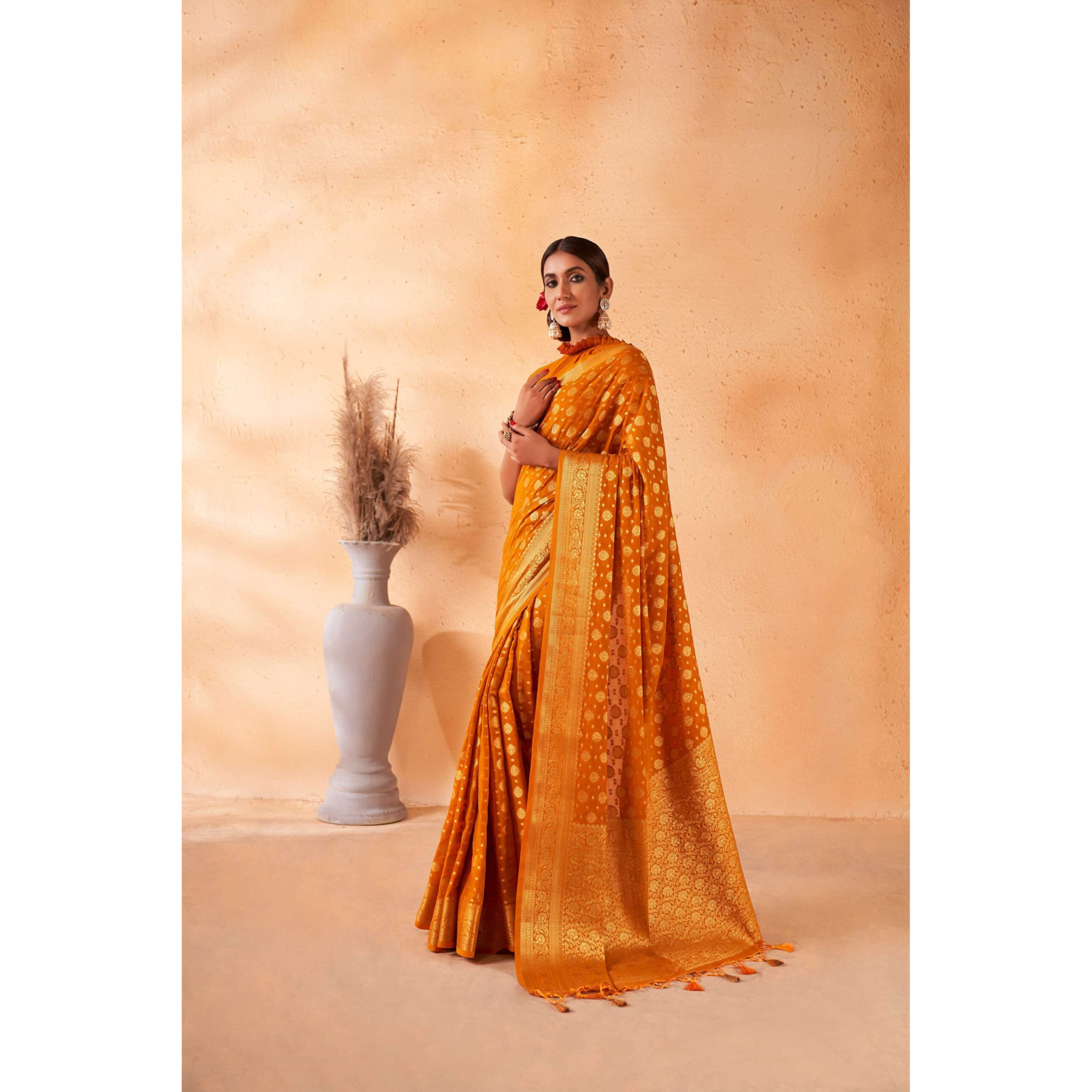 Vardha Womens Banarasi Georgette Silk Saree with Unstitched Blouse Piece - Gold Zari Woven Work Sarees for Wedding (Navya_594)