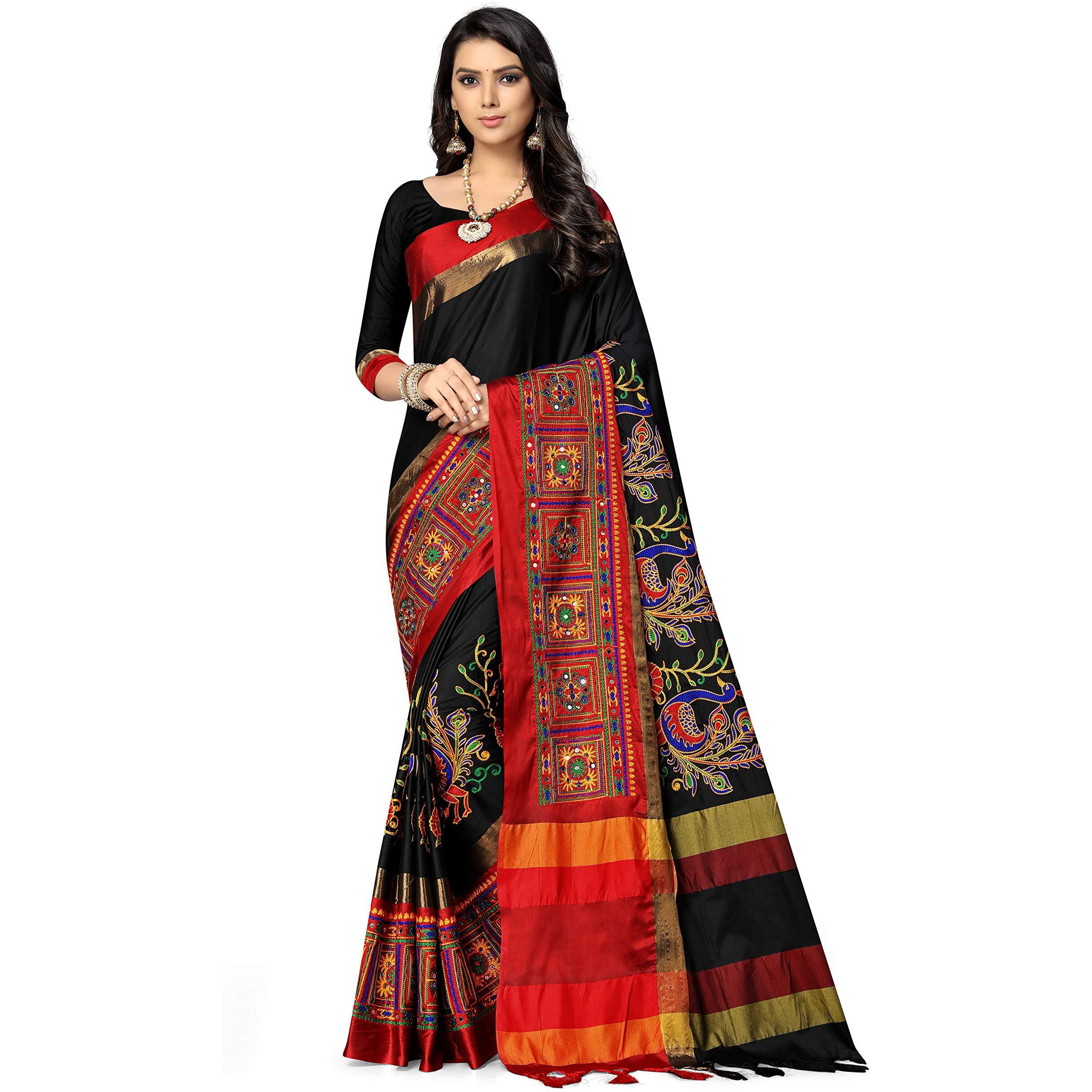 SERONA FABRICS Womens Banarasi Cotton Silk Embroidered Work Saree With Blouse Piece
