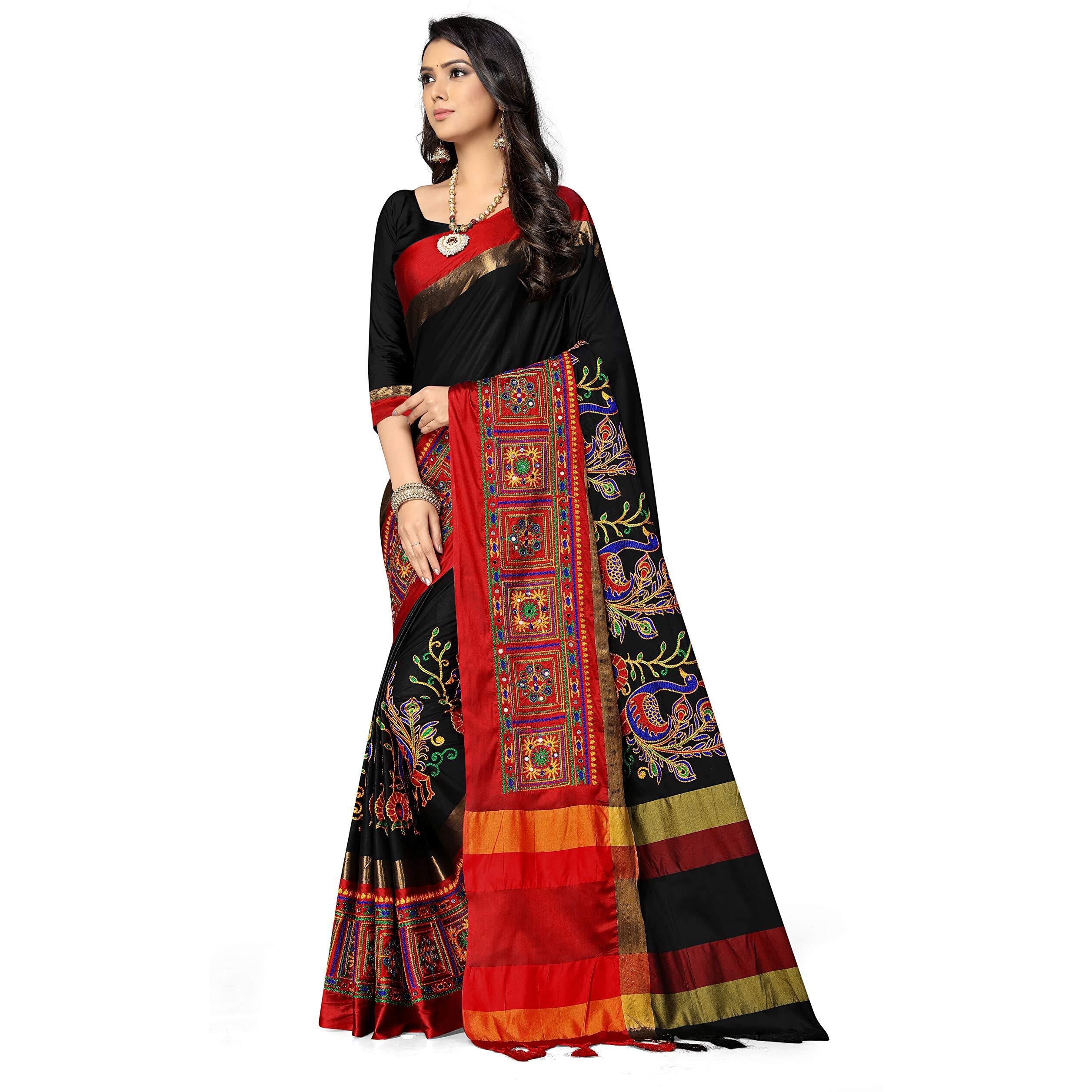 SERONA FABRICS Womens Banarasi Cotton Silk Embroidered Work Saree With Blouse Piece