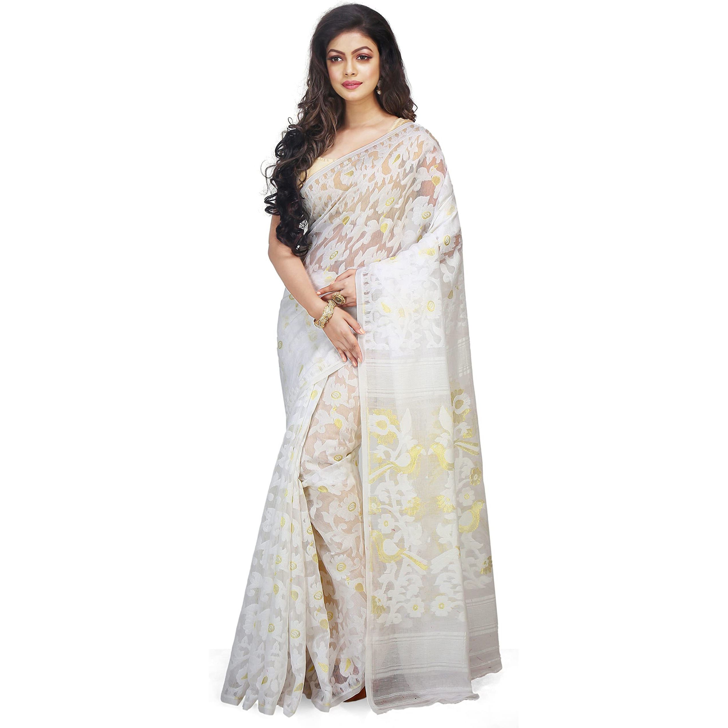 BENGAL HANDLOOM Cotton Exclusive Womens Dhakai Allover Soft Pakhi Jamdani Saree(Color-White)Without Blouse Piece