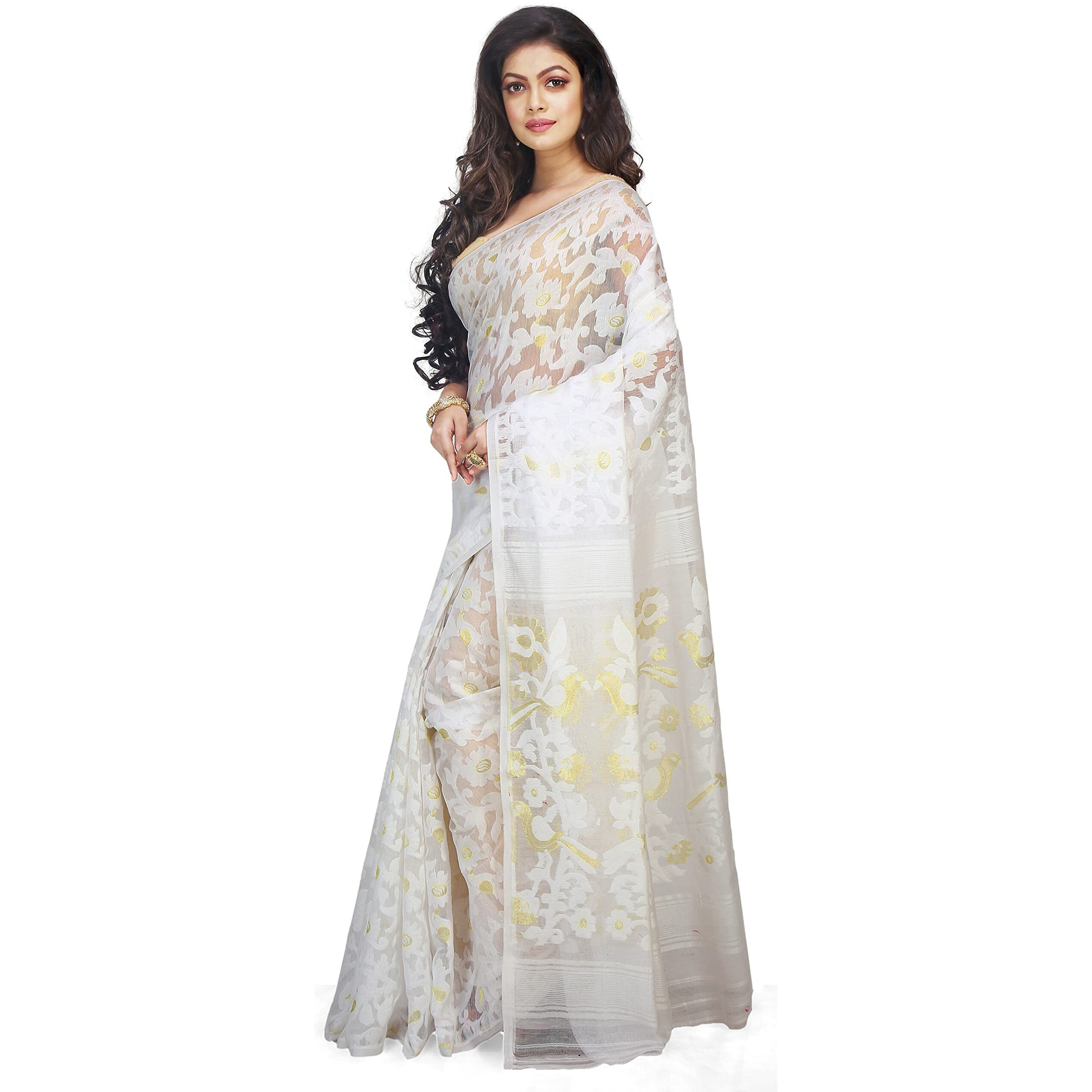 BENGAL HANDLOOM Cotton Exclusive Womens Dhakai Allover Soft Pakhi Jamdani Saree(Color-White)Without Blouse Piece