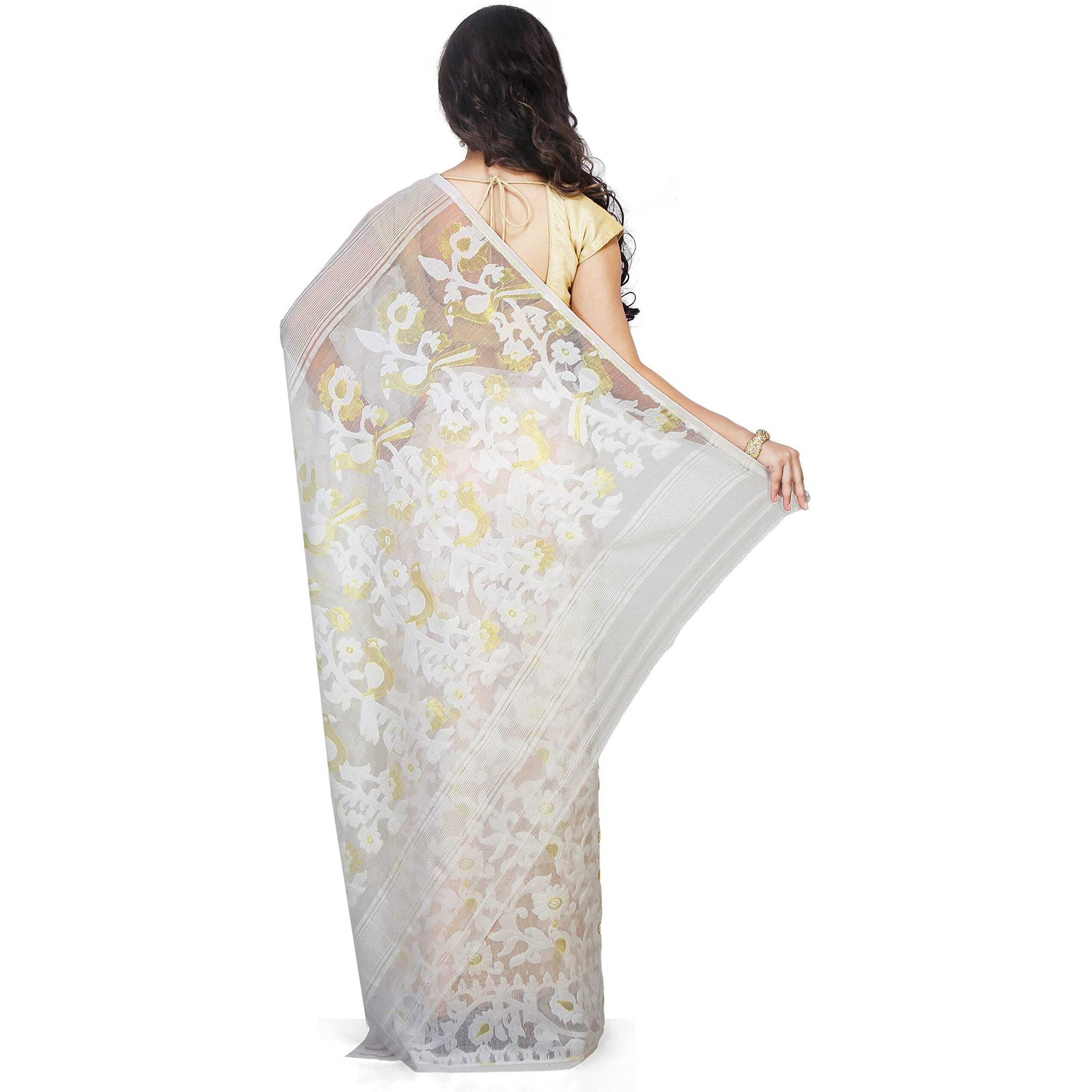 BENGAL HANDLOOM Cotton Exclusive Womens Dhakai Allover Soft Pakhi Jamdani Saree(Color-White)Without Blouse Piece