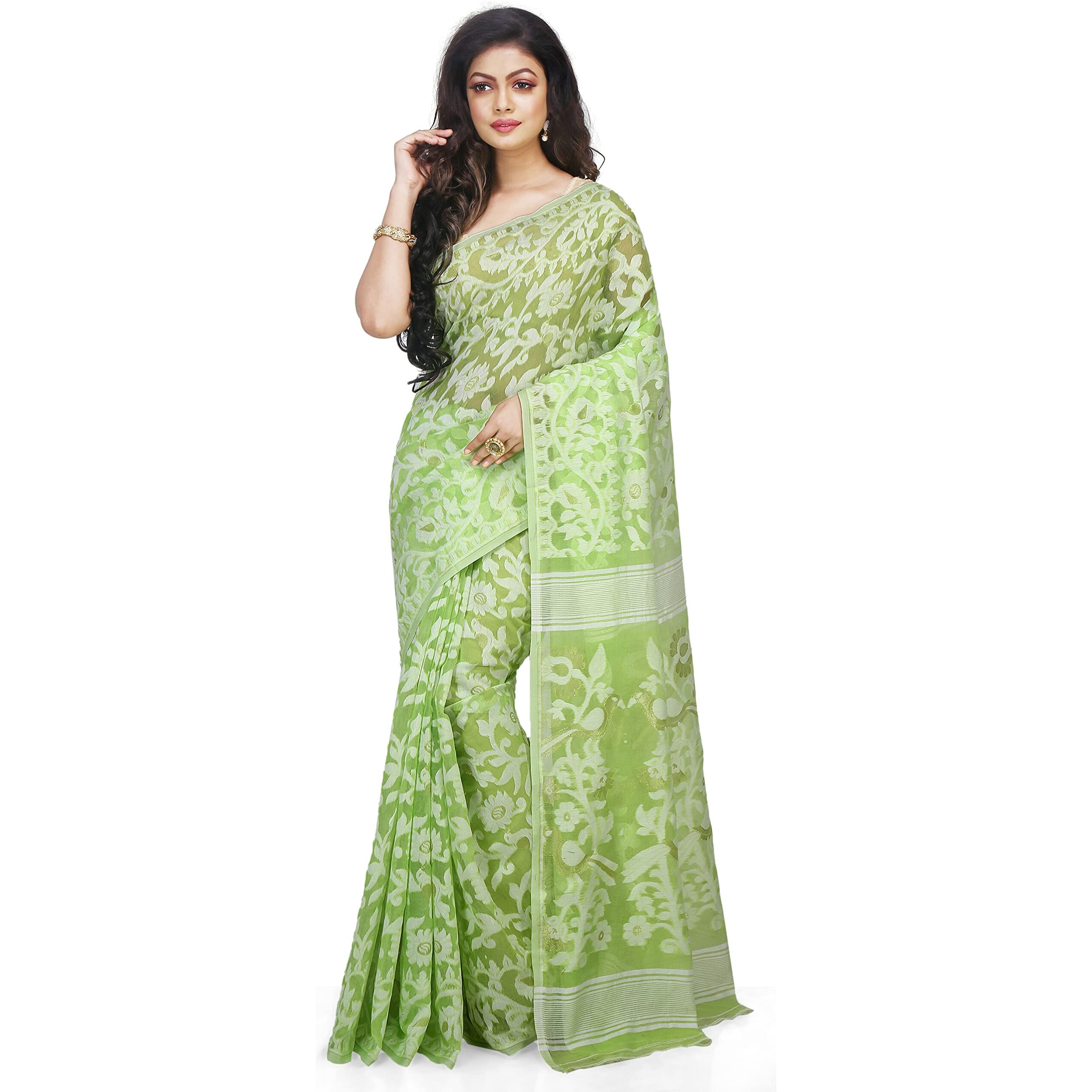 Bengal Handloom Womens Jamdani Cotton Saree Without Blouse Piece (Pakhid_Green)