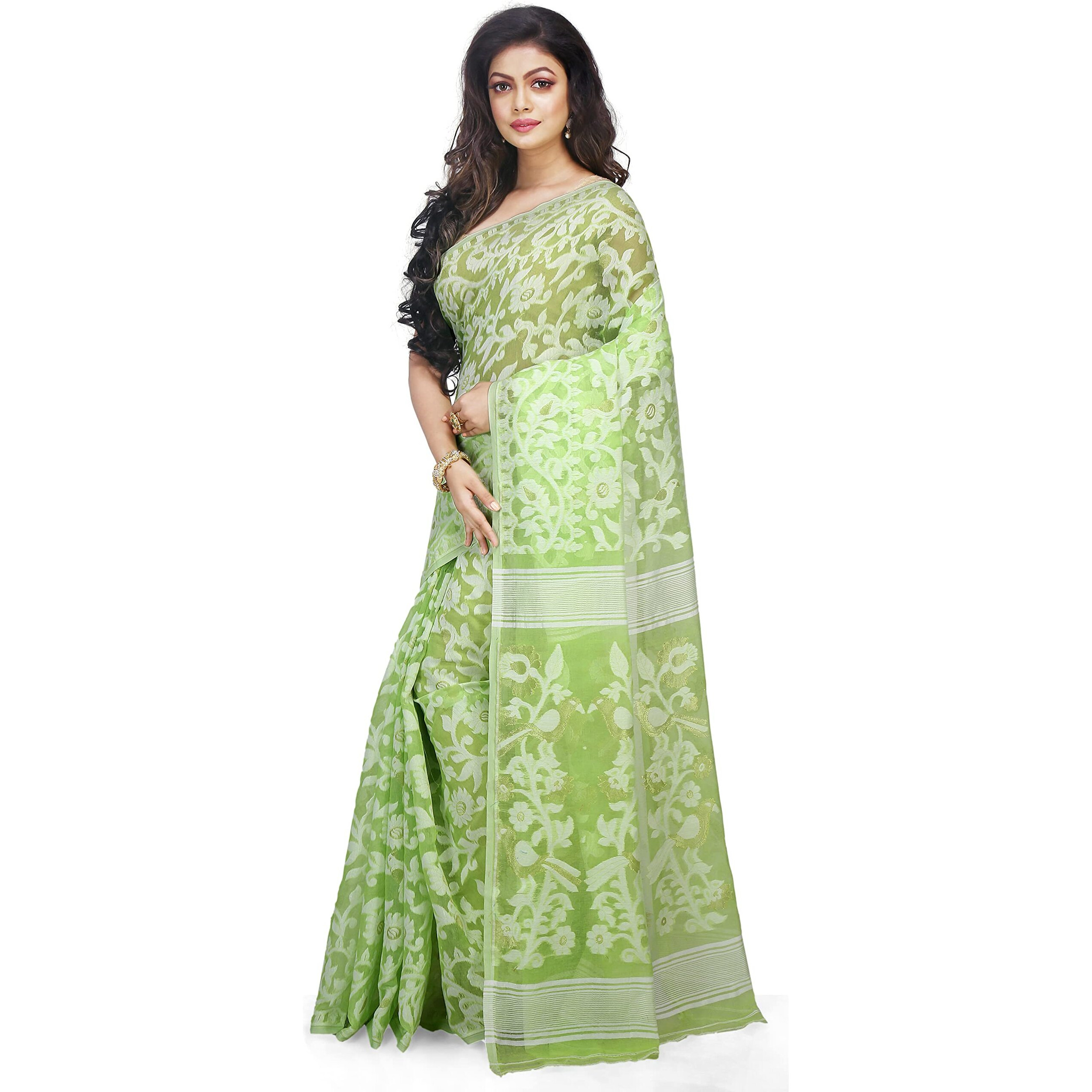 Bengal Handloom Womens Jamdani Cotton Saree Without Blouse Piece (Pakhid_Green)