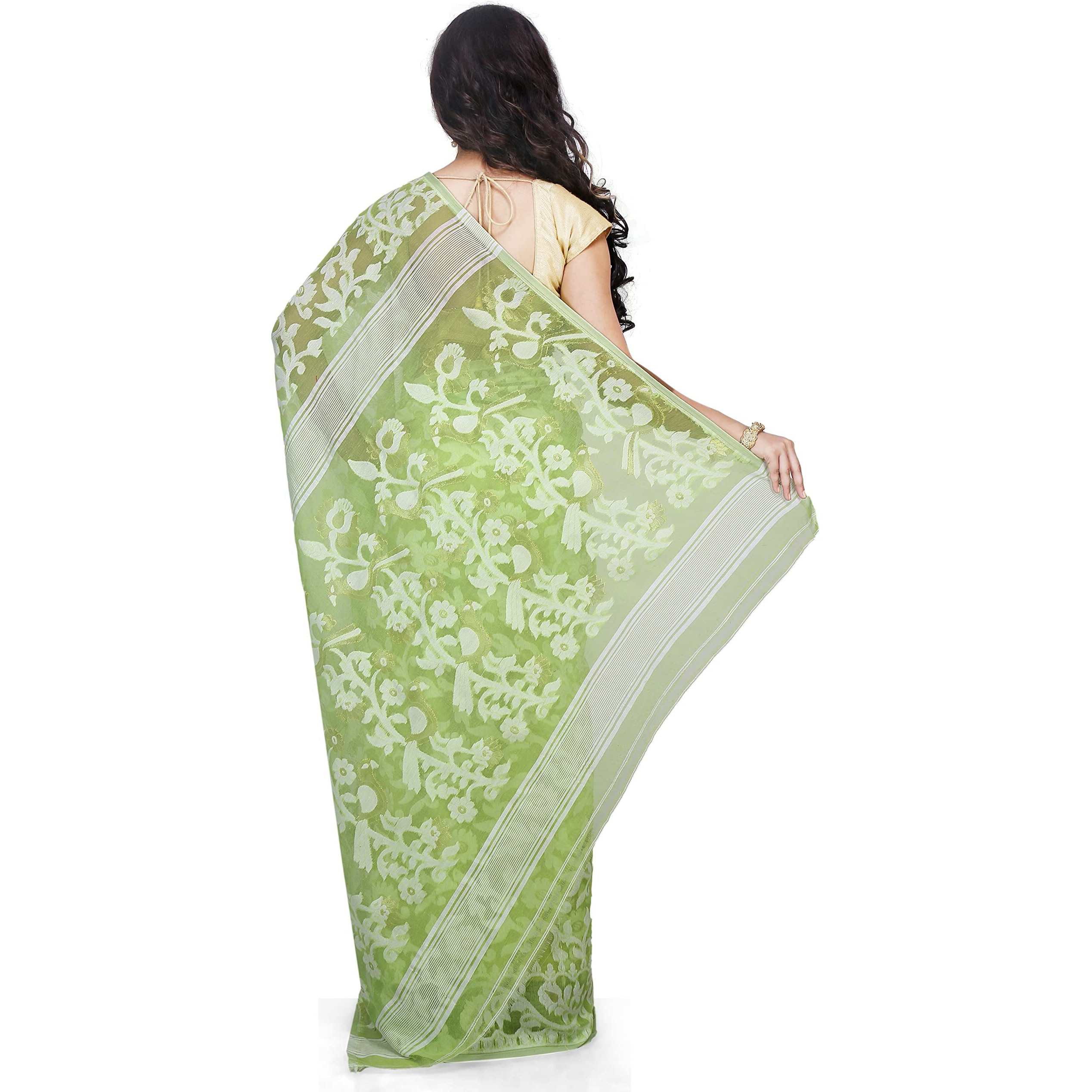 Bengal Handloom Womens Jamdani Cotton Saree Without Blouse Piece (Pakhid_Green)