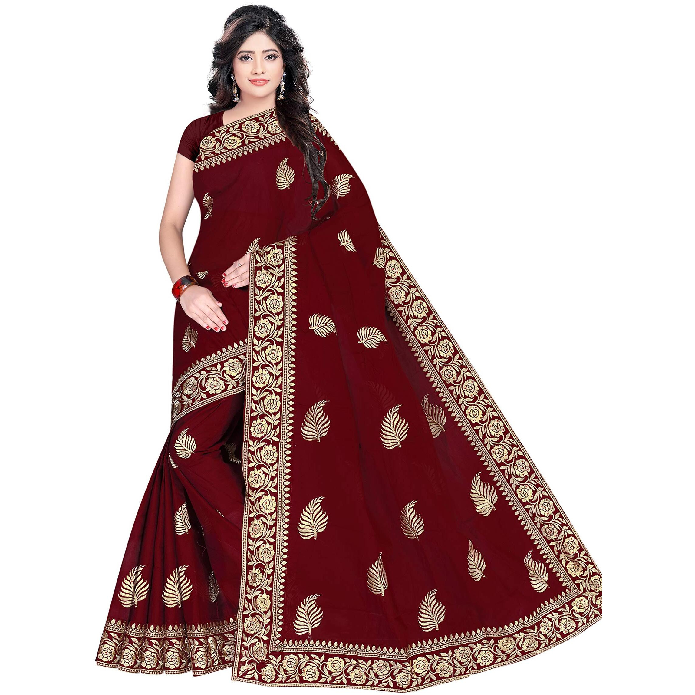 TAMAIRA FASHION Womens Plain Weave Pure Cotton Saree with Heavy Embroidery and stone work Without Blouse Piece (Maroon)