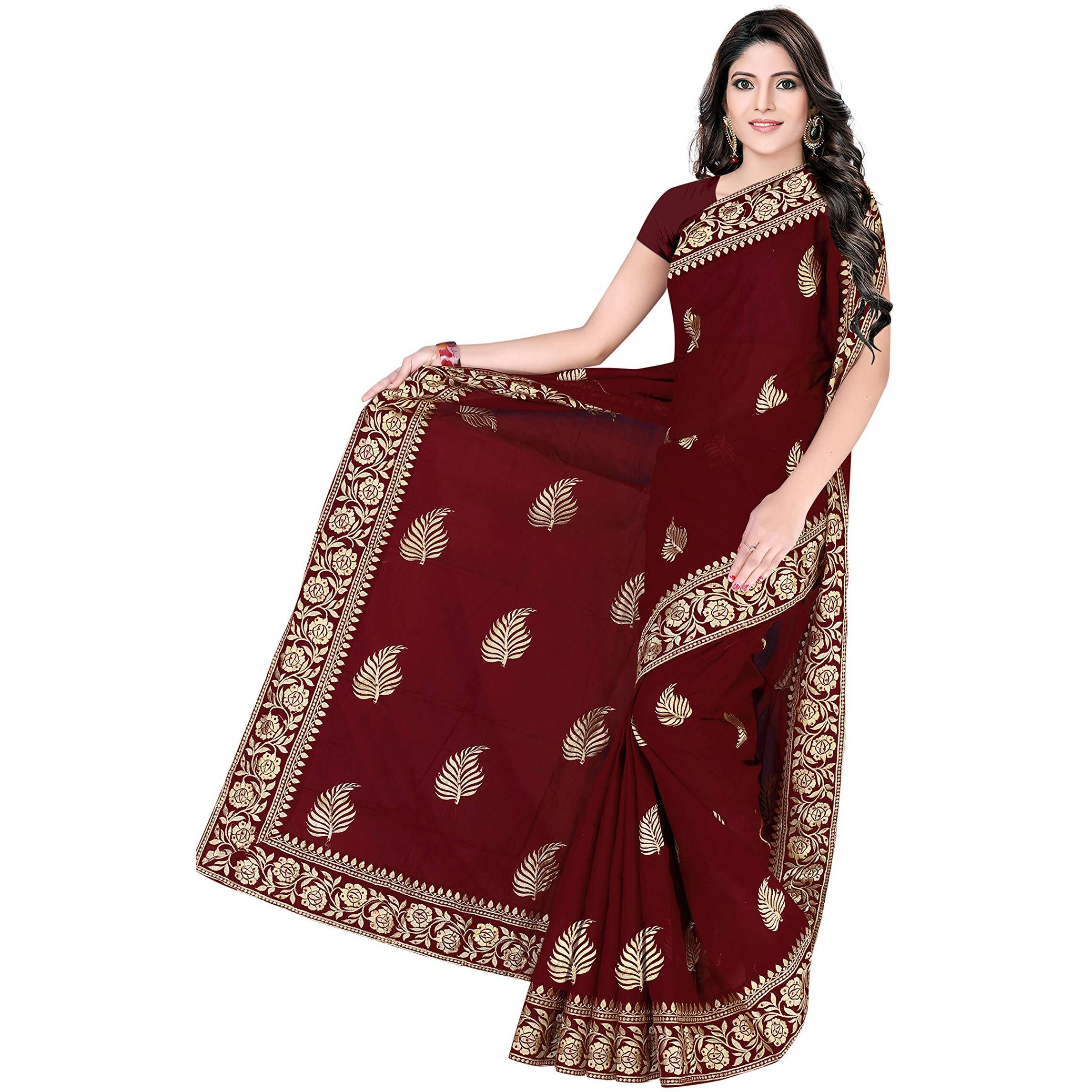 TAMAIRA FASHION Womens Plain Weave Pure Cotton Saree with Heavy Embroidery and stone work Without Blouse Piece (Maroon)
