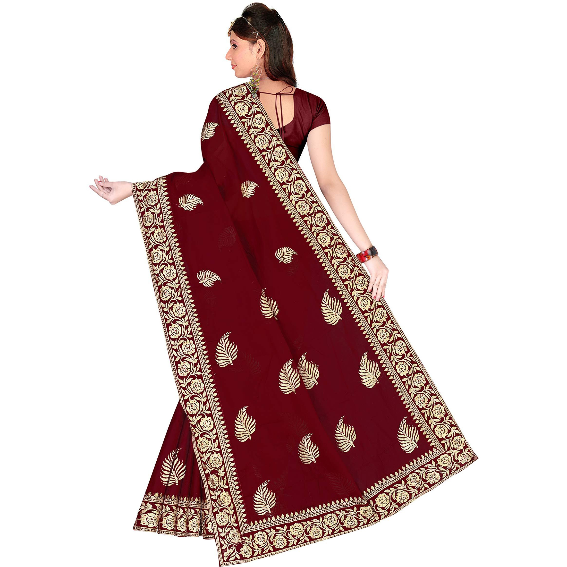 TAMAIRA FASHION Womens Plain Weave Pure Cotton Saree with Heavy Embroidery and stone work Without Blouse Piece (Maroon)