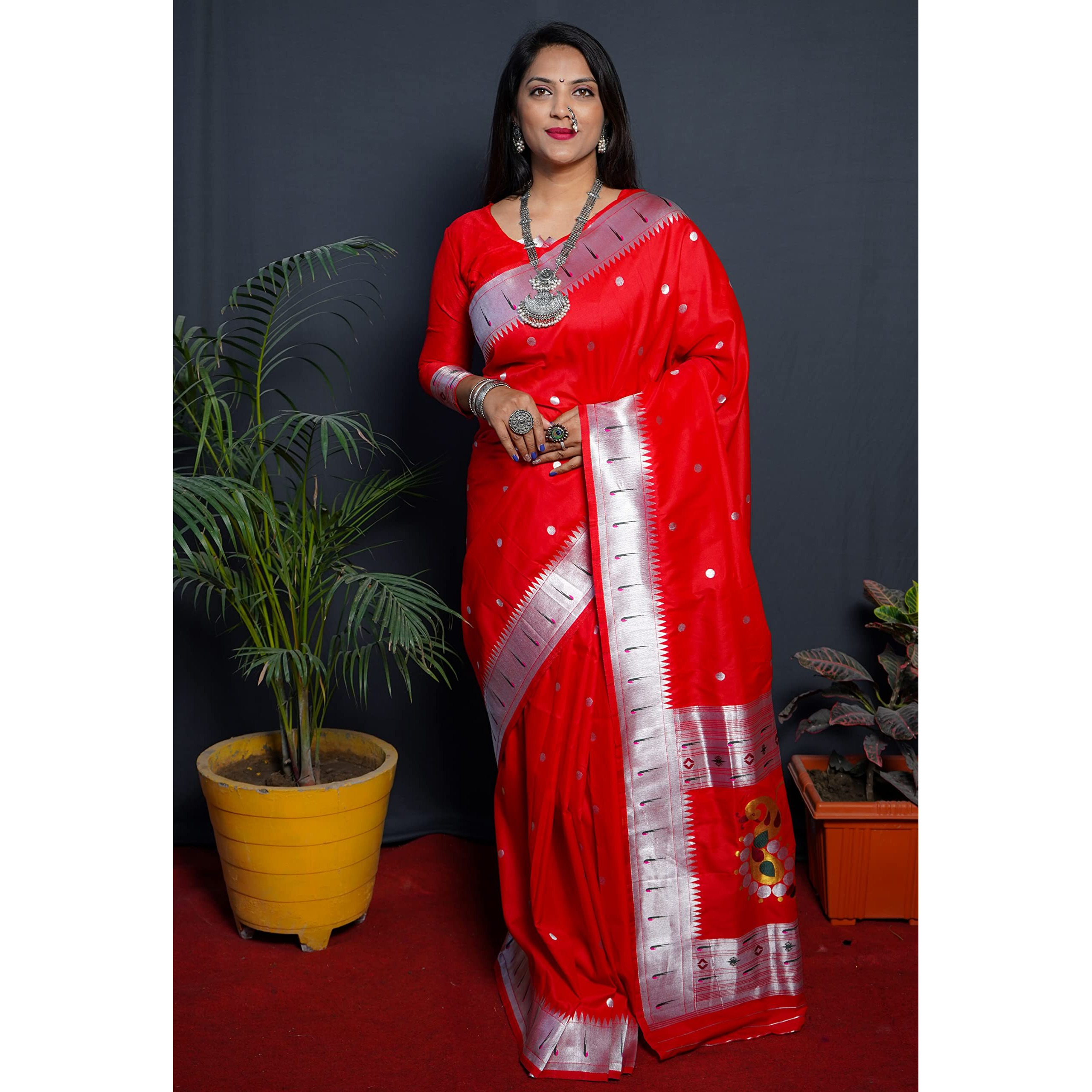 Sgf11 Womens Kanchipuram Silk Saree With Blouse Piece (Star Light-0023_Red)