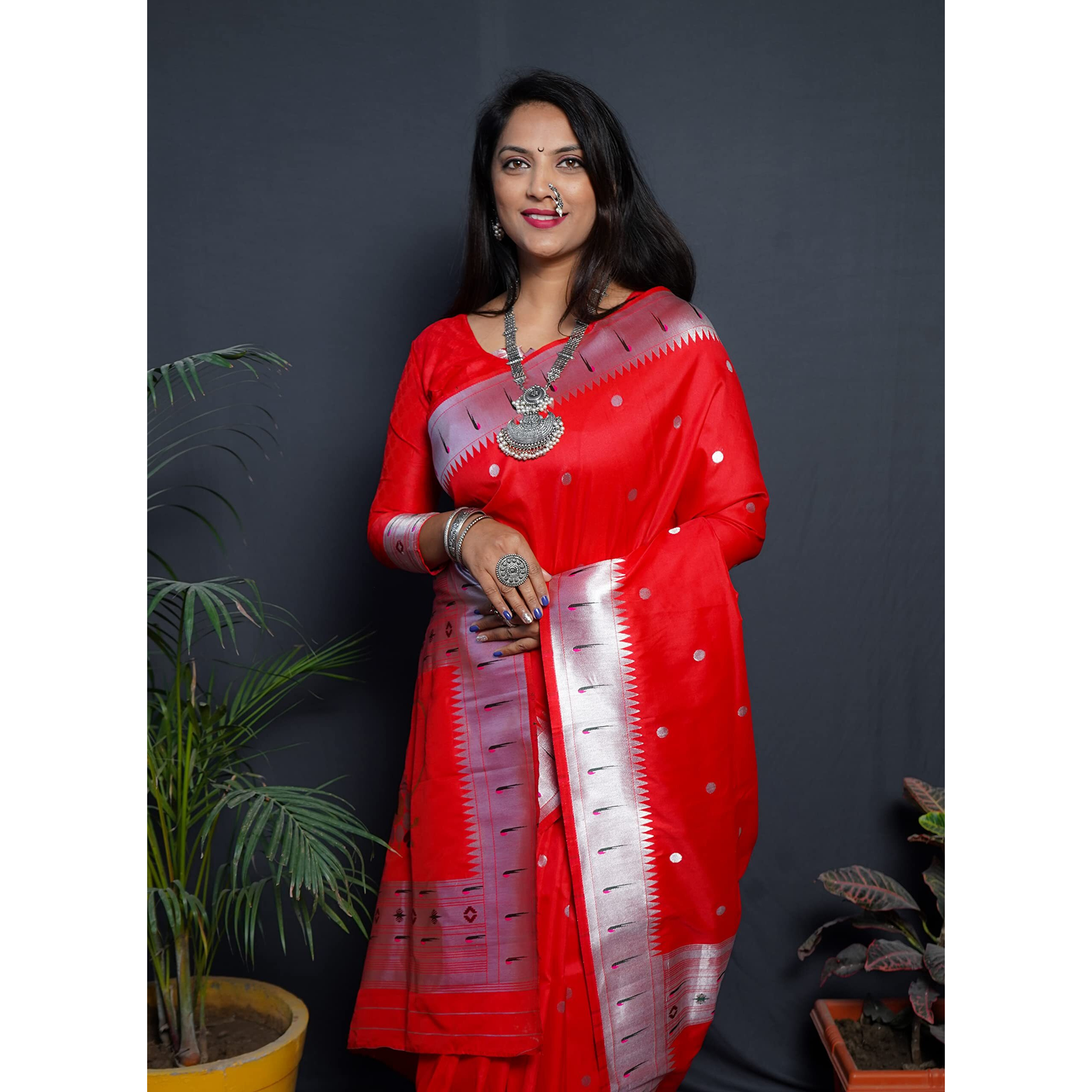 Sgf11 Womens Kanchipuram Silk Saree With Blouse Piece (Star Light-0023_Red)