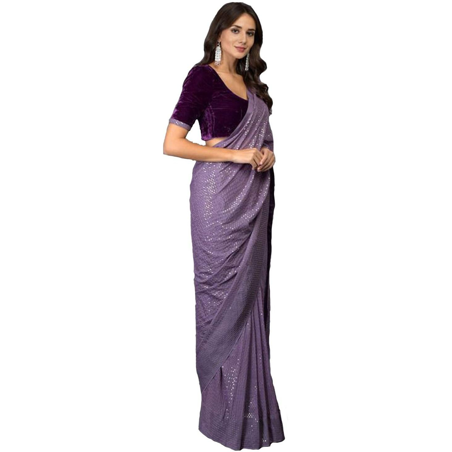Florely Womens Pure Georgette sequence saree with unstiched blouse piece(Free size) (OnionVelvet)