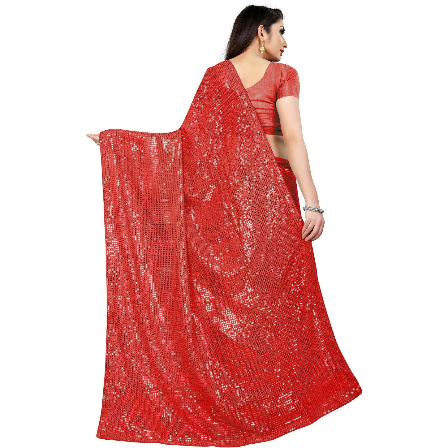 Florely Womens Pure Georgette sequence saree with unstiched blouse piece(Free size) (Red)