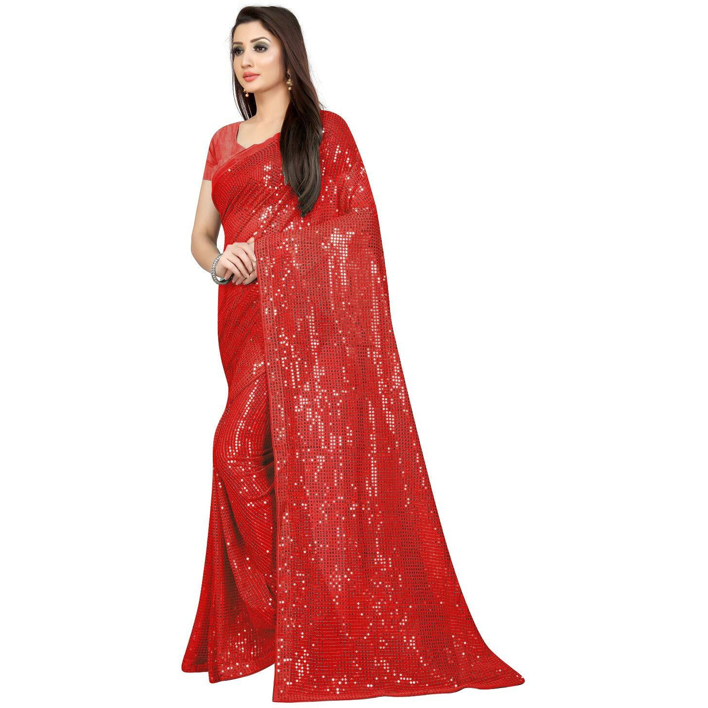 Florely Womens Pure Georgette sequence saree with unstiched blouse piece(Free size) (Red)