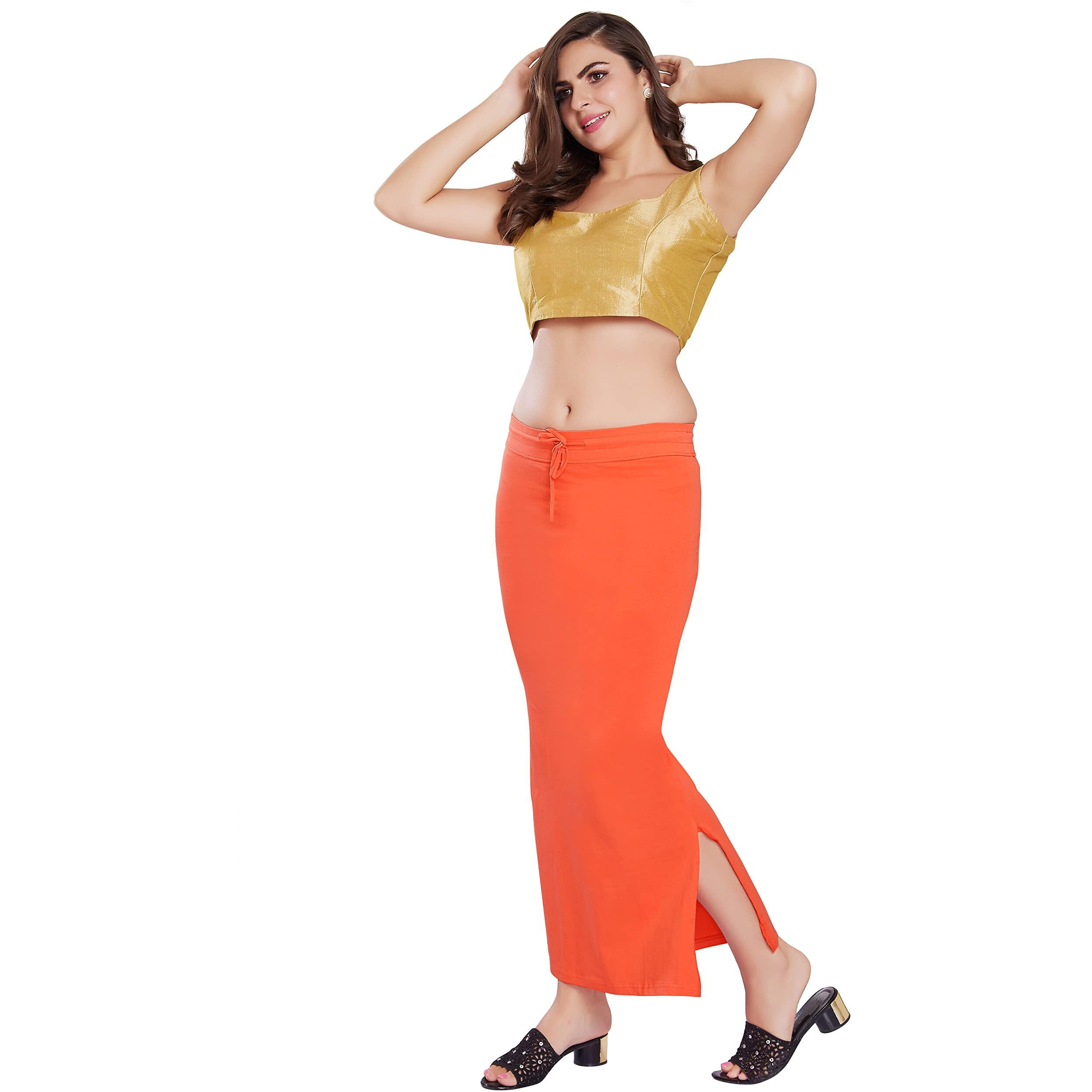 RANI SAAHIBA Womens Stretchy Slim Fishcut Petticoat Cotton Saree Shapewear(SHP3_2XL3XL_Orange)