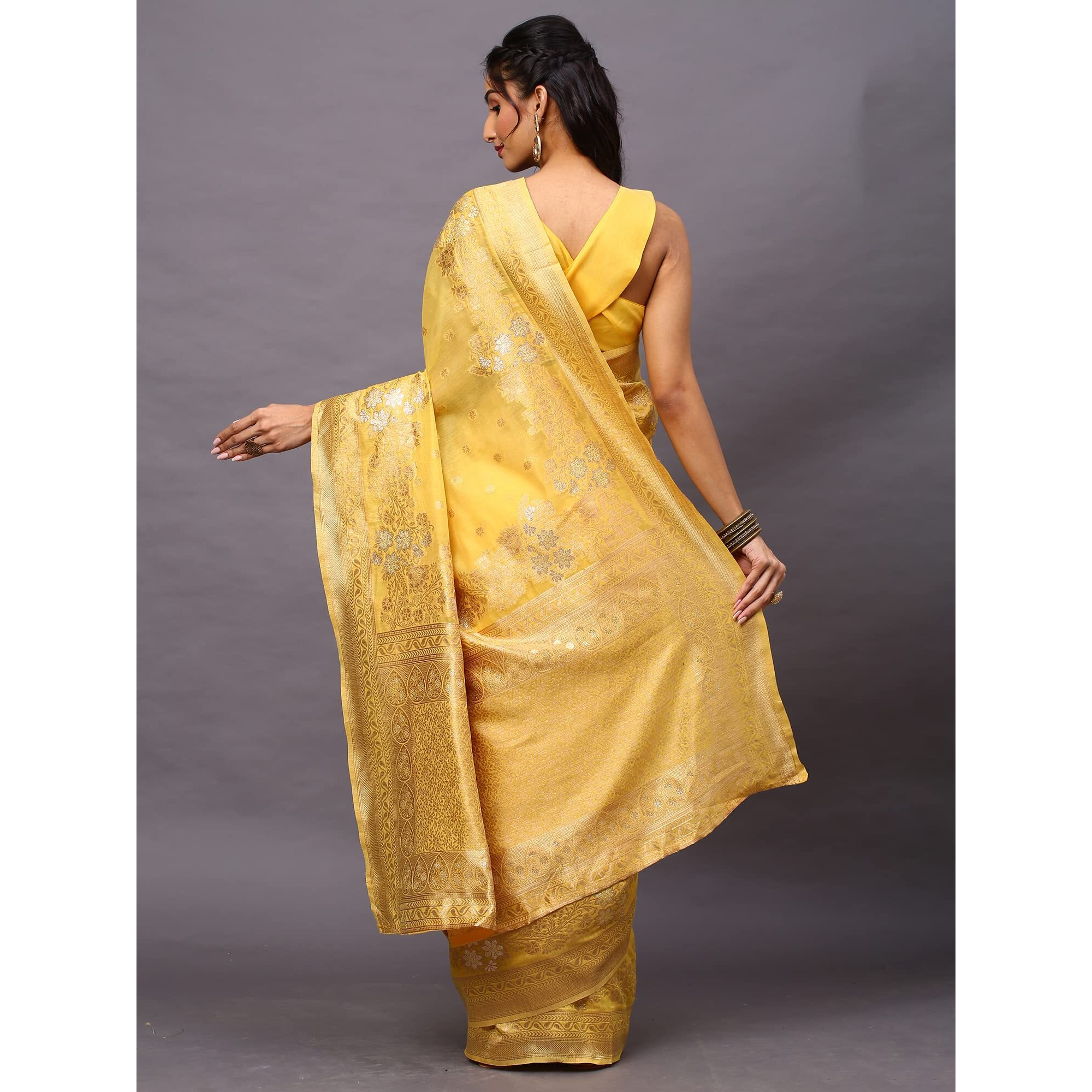 AKHILAM Womens Silk Cotton Woven Design Saree With Unstitched Blouse Piece (yellow_VMIKA1003)