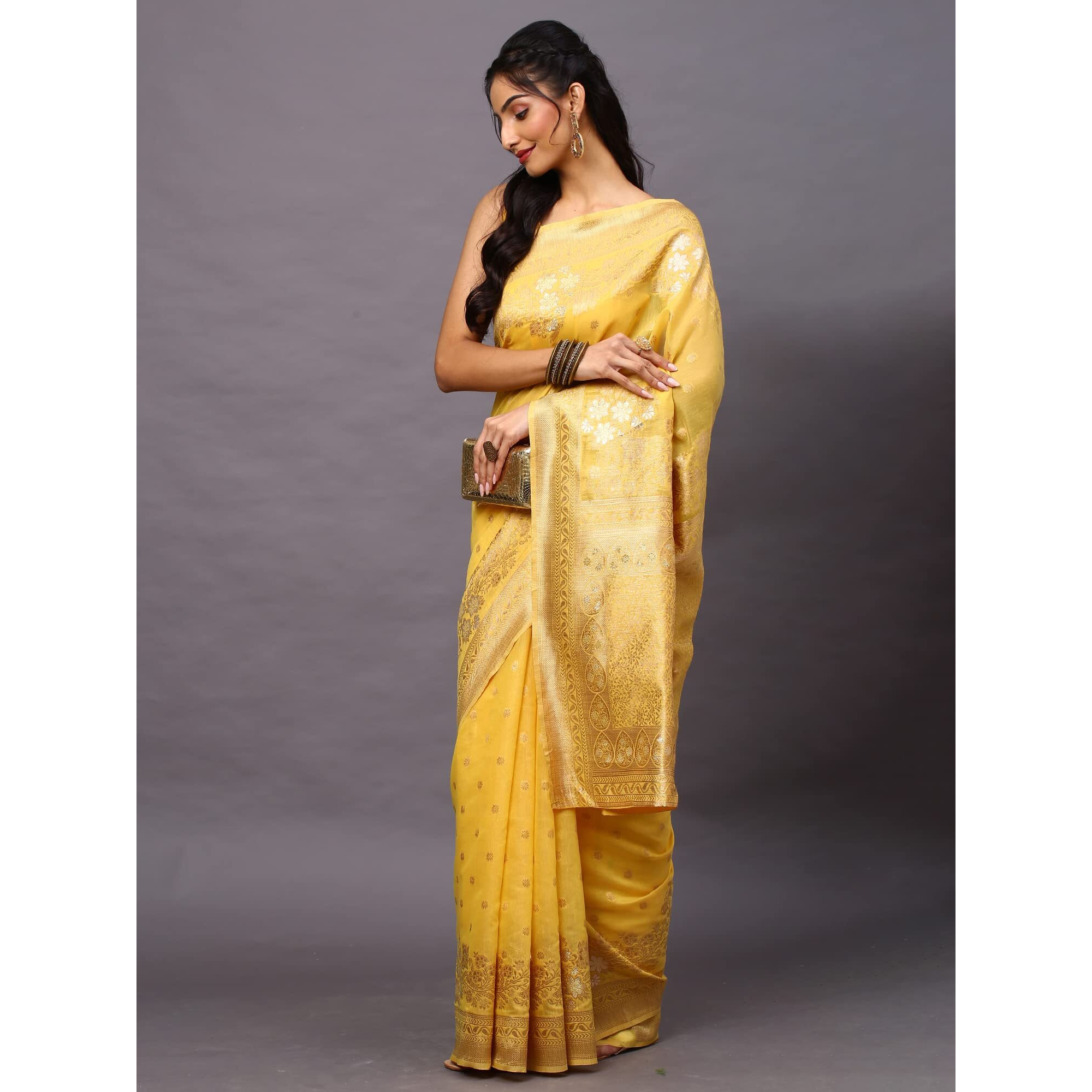 AKHILAM Womens Silk Cotton Woven Design Saree With Unstitched Blouse Piece (yellow_VMIKA1003)