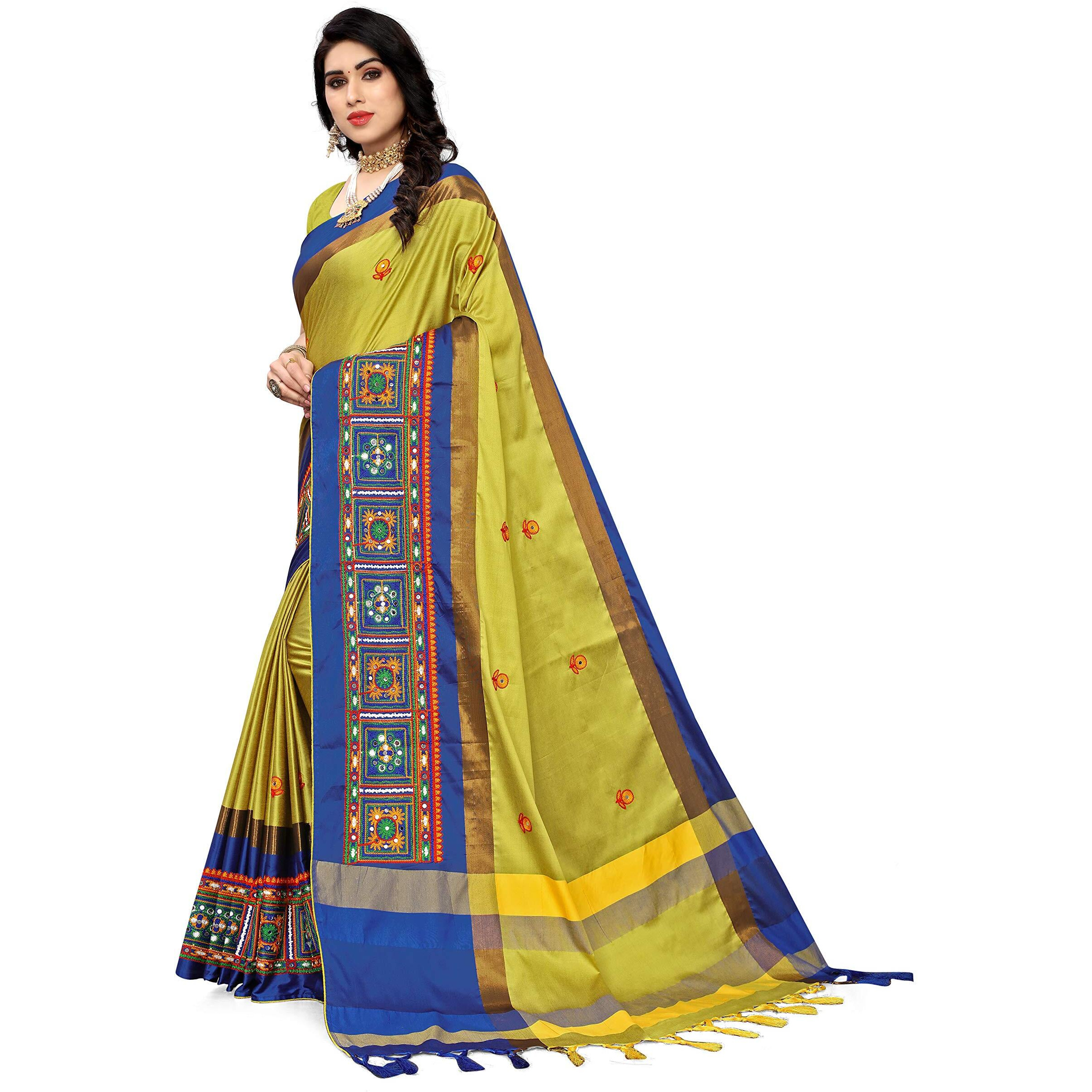 SERONA FABRICS Womens Banarasi Cotton Silk Embroidered Work Saree With Blouse Piece