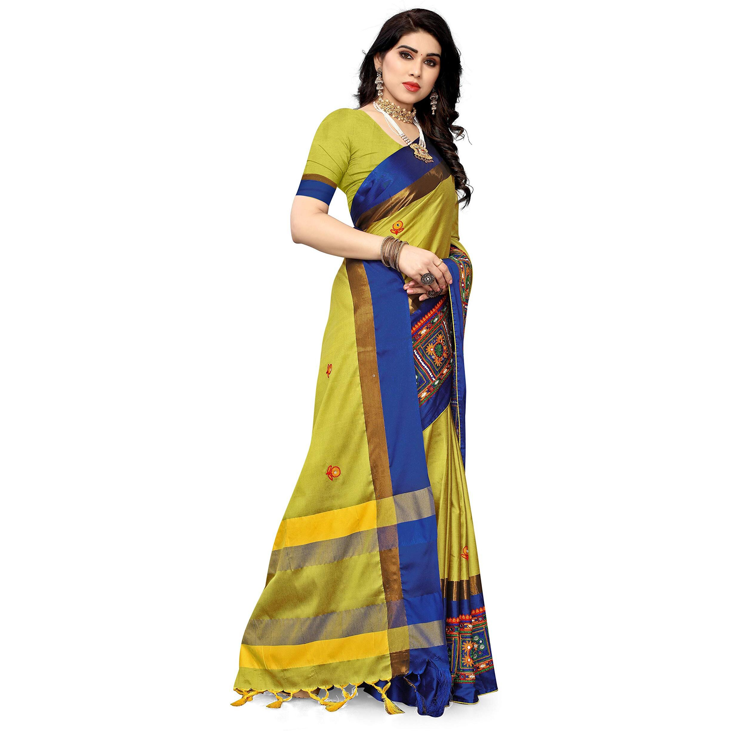 SERONA FABRICS Womens Banarasi Cotton Silk Embroidered Work Saree With Blouse Piece