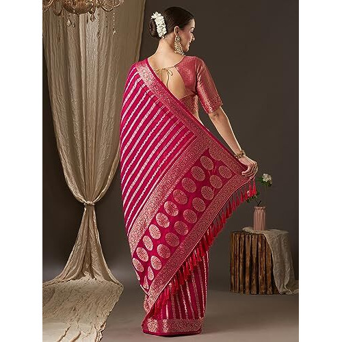 AKHILAM Womens Woven Design Leheriya Georgette Kanjeevaram Saree With Unstiched Blouse Piece (Pink_ARYA1103_FL)