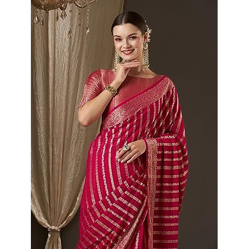 AKHILAM Womens Woven Design Leheriya Georgette Kanjeevaram Saree With Unstiched Blouse Piece (Pink_ARYA1103_FL)