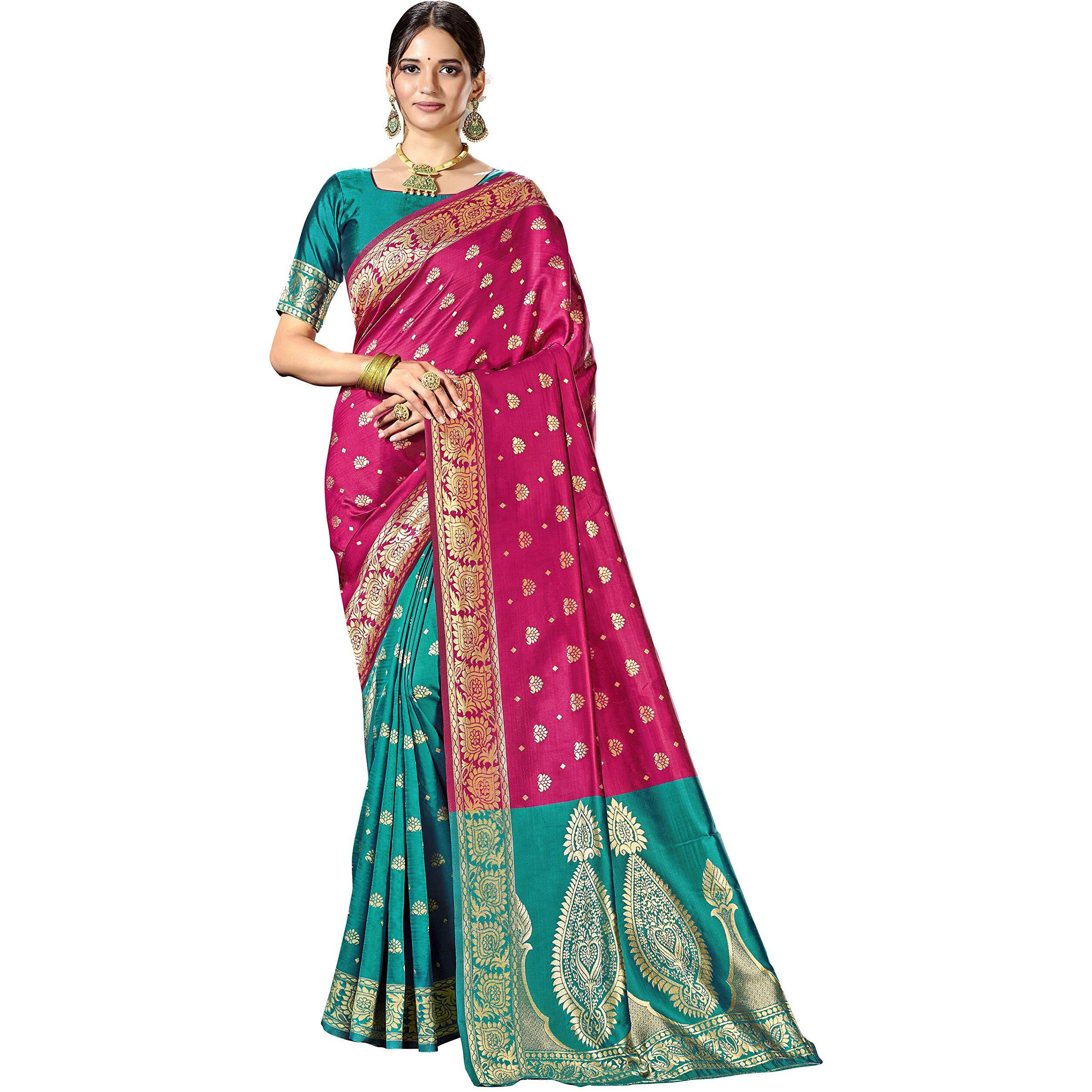 Glory Sarees Womens Silk Blend Banarasi Saree (Banarasi_Saree114_magenta)
