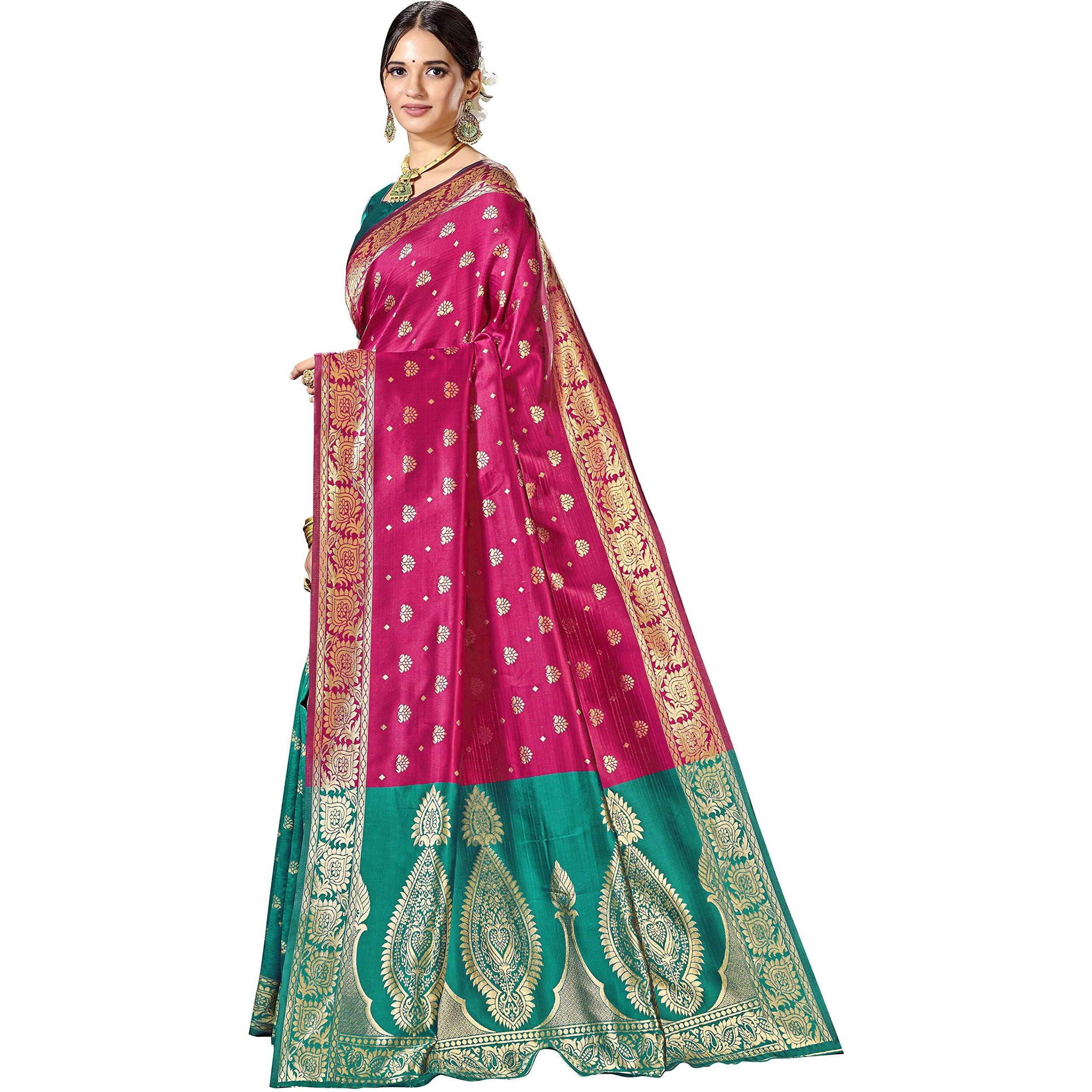 Glory Sarees Womens Silk Blend Banarasi Saree (Banarasi_Saree114_magenta)