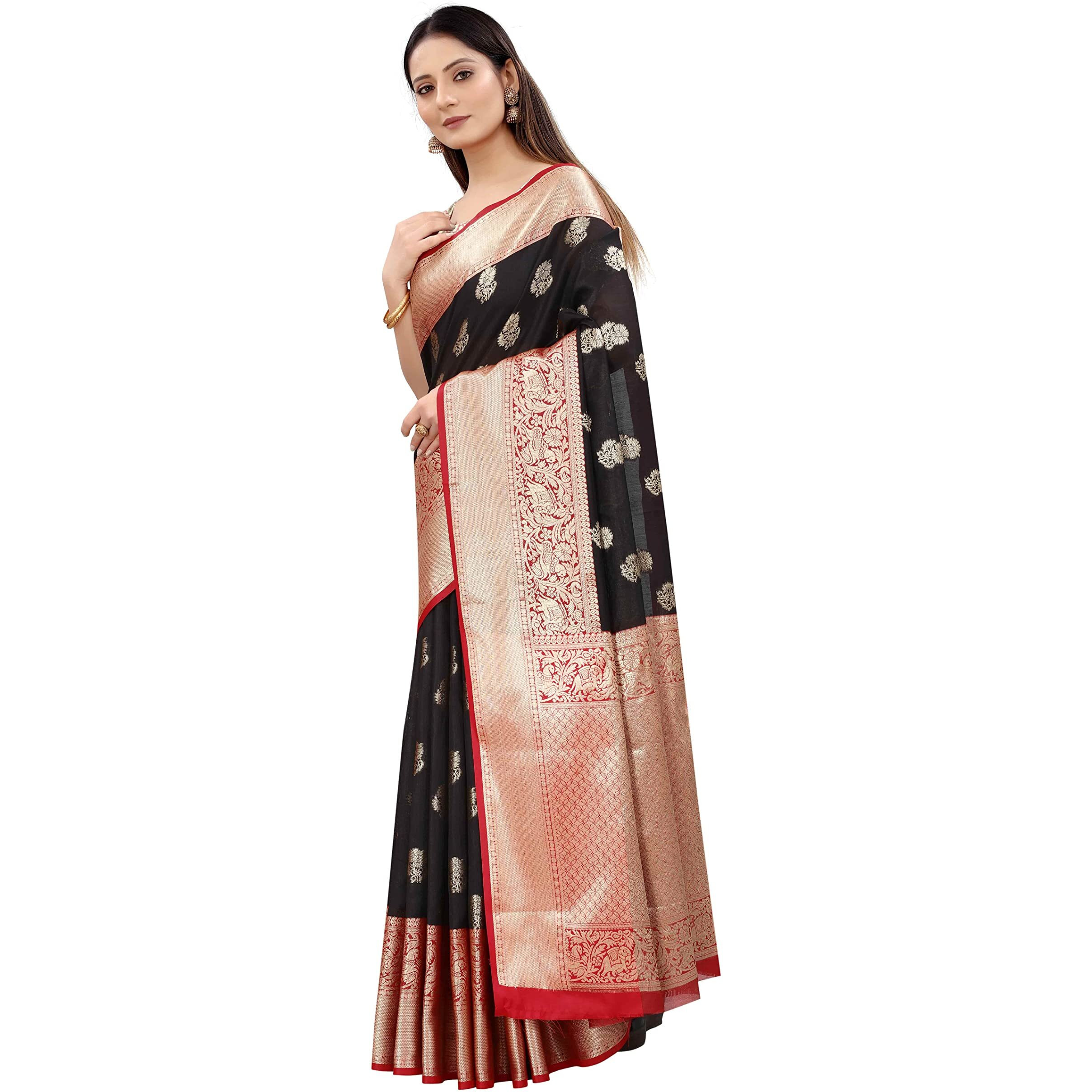 Enthone Womens Heavy Banarasi Art Silk Saree With Unstitched Blouse Piece(Black)