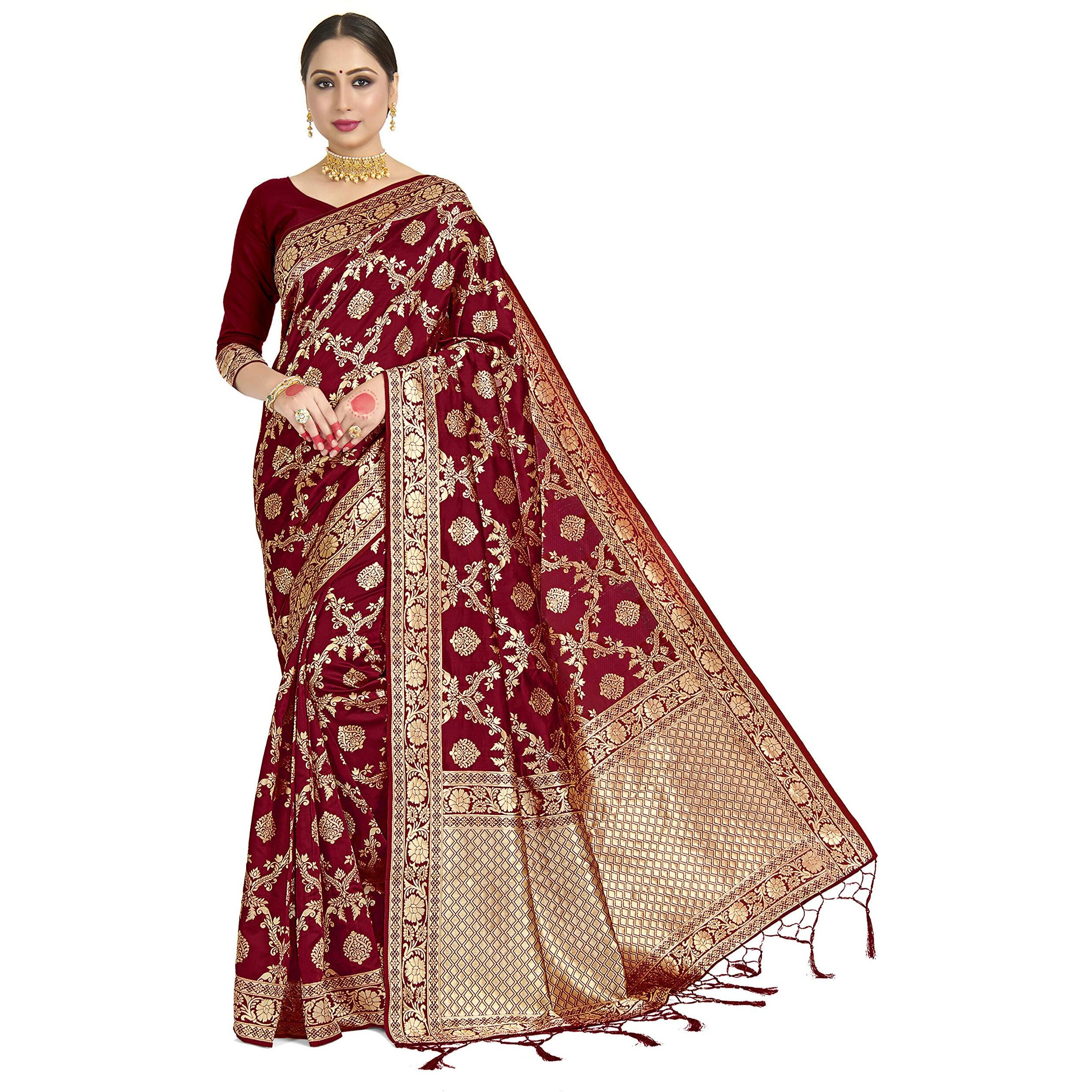 Vardha Womens Banarasi Art Silk Saree with Unstitched Blouse Piece - Zari Woven Work Sarees for Wedding (Paneri, 7, Red)